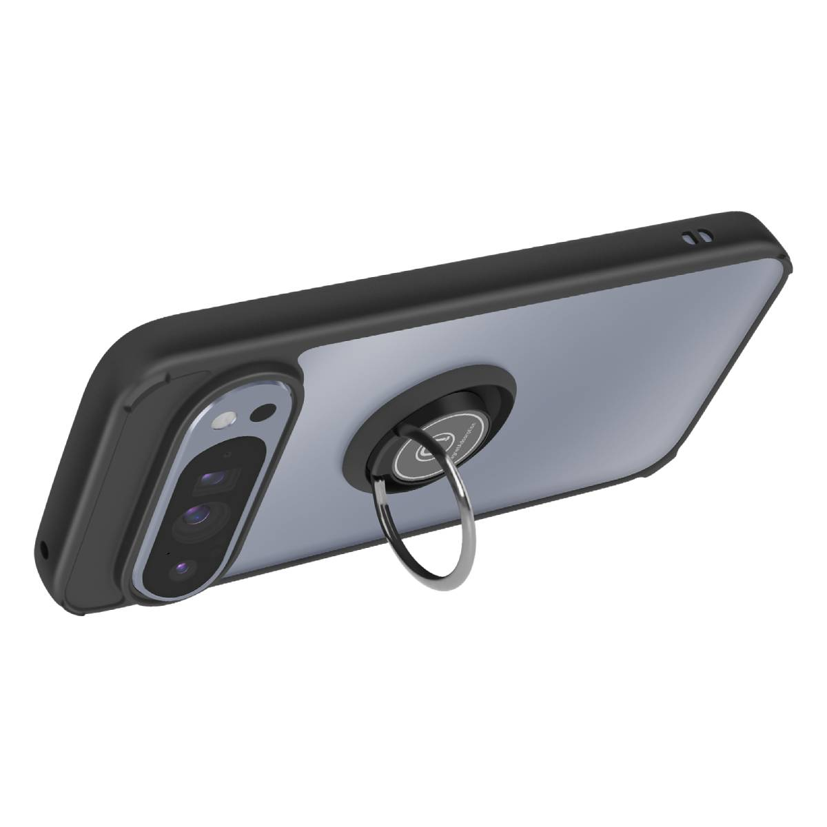Coque de téléphone noire avec un support d'anneau argenté attaché. Le téléphone a plusieurs caméras. Le fond est blanc.