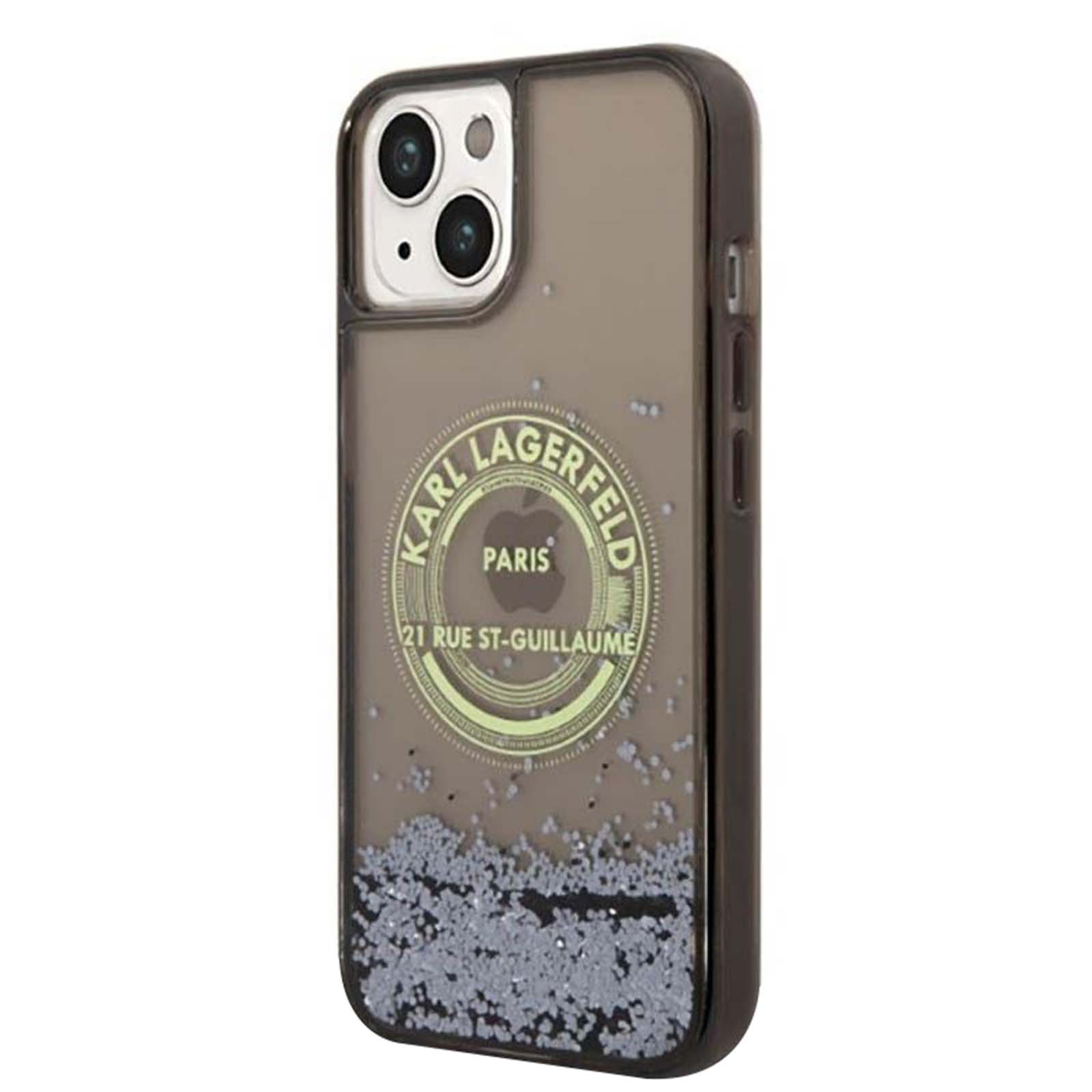 Una custodia per telefono con logo Karl Lagerfeld, glitter grigi e fotocamera del telefono. La custodia è nera e trasparente.