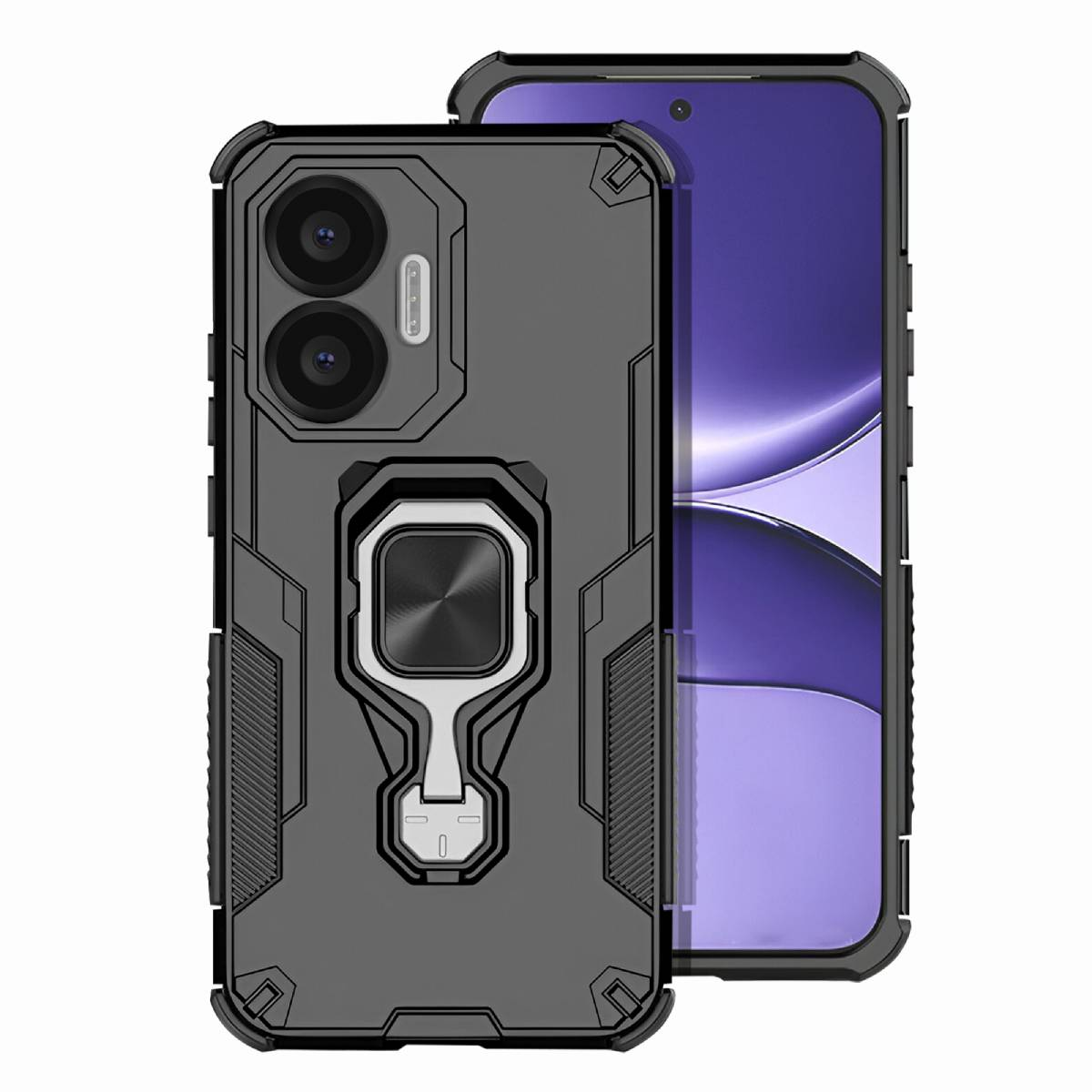 Una custodia grigia per telefono con anello e un telefono con schermo viola. La custodia ha ritagli per la fotocamera e un design strutturato.