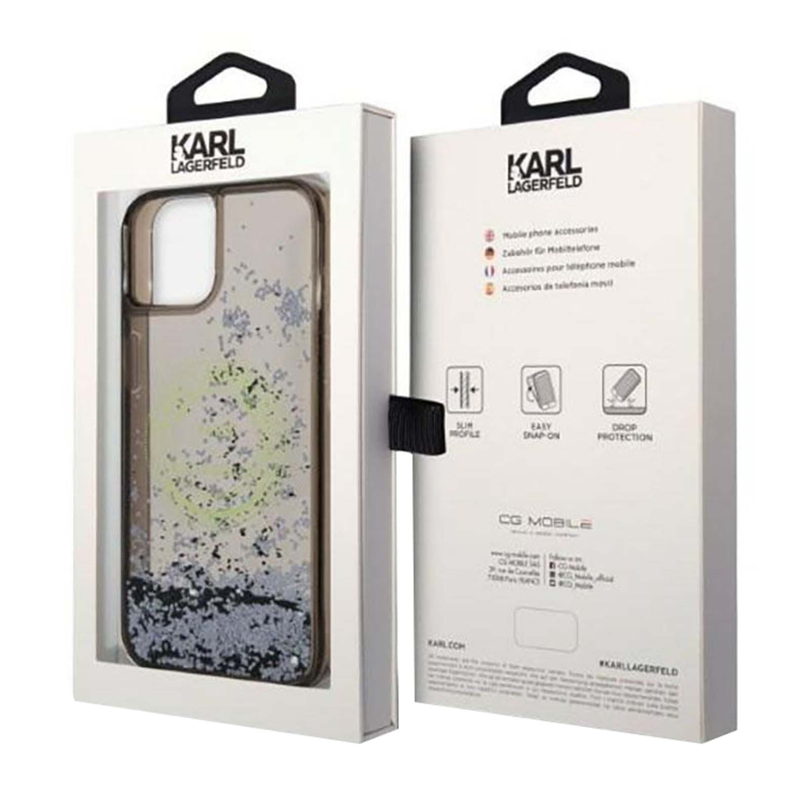 Una custodia per telefono in una scatola, marchio Karl Lagerfeld. La custodia è trasparente con un design glitterato. La scatola è bianca.