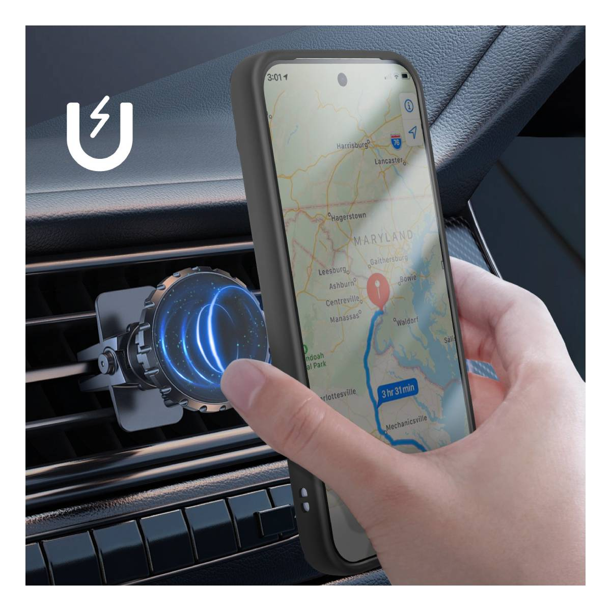 Un téléphone affichant une carte est tenu près d'un support magnétique de voiture. La carte affiche un itinéraire dans le Maryland. Tableau de bord visible.