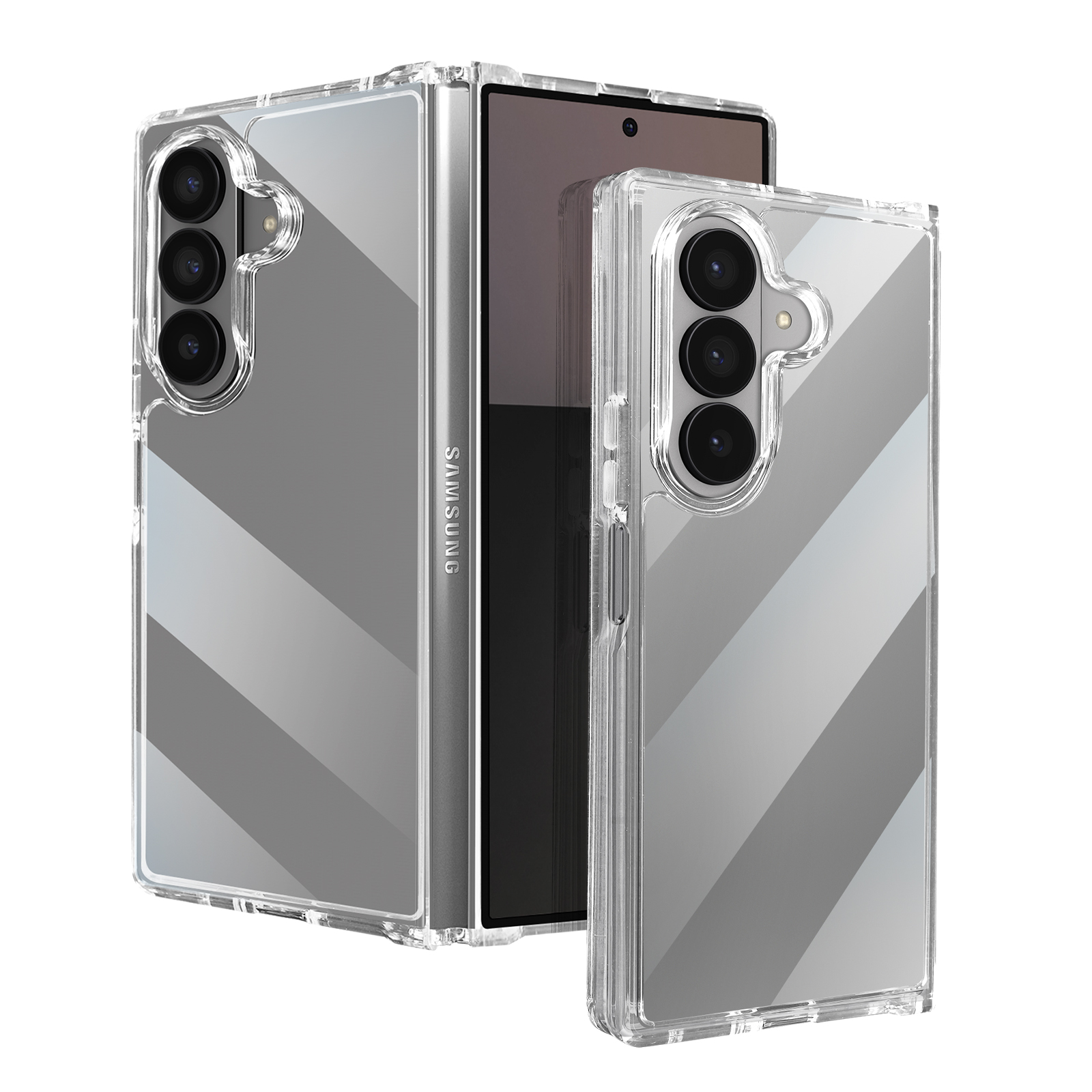 Fundas transparentes para teléfono con rayas diagonales. Se ve un teléfono Samsung. Las fundas son transparentes, la pantalla es negra. Tres cámaras.