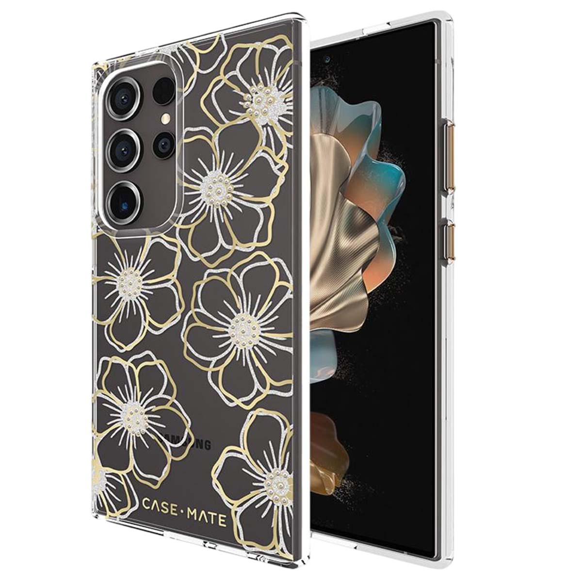 Un telefono con custodia floreale. La custodia è trasparente con contorni di fiori dorati e bianchi. Lo schermo mostra forme astratte.