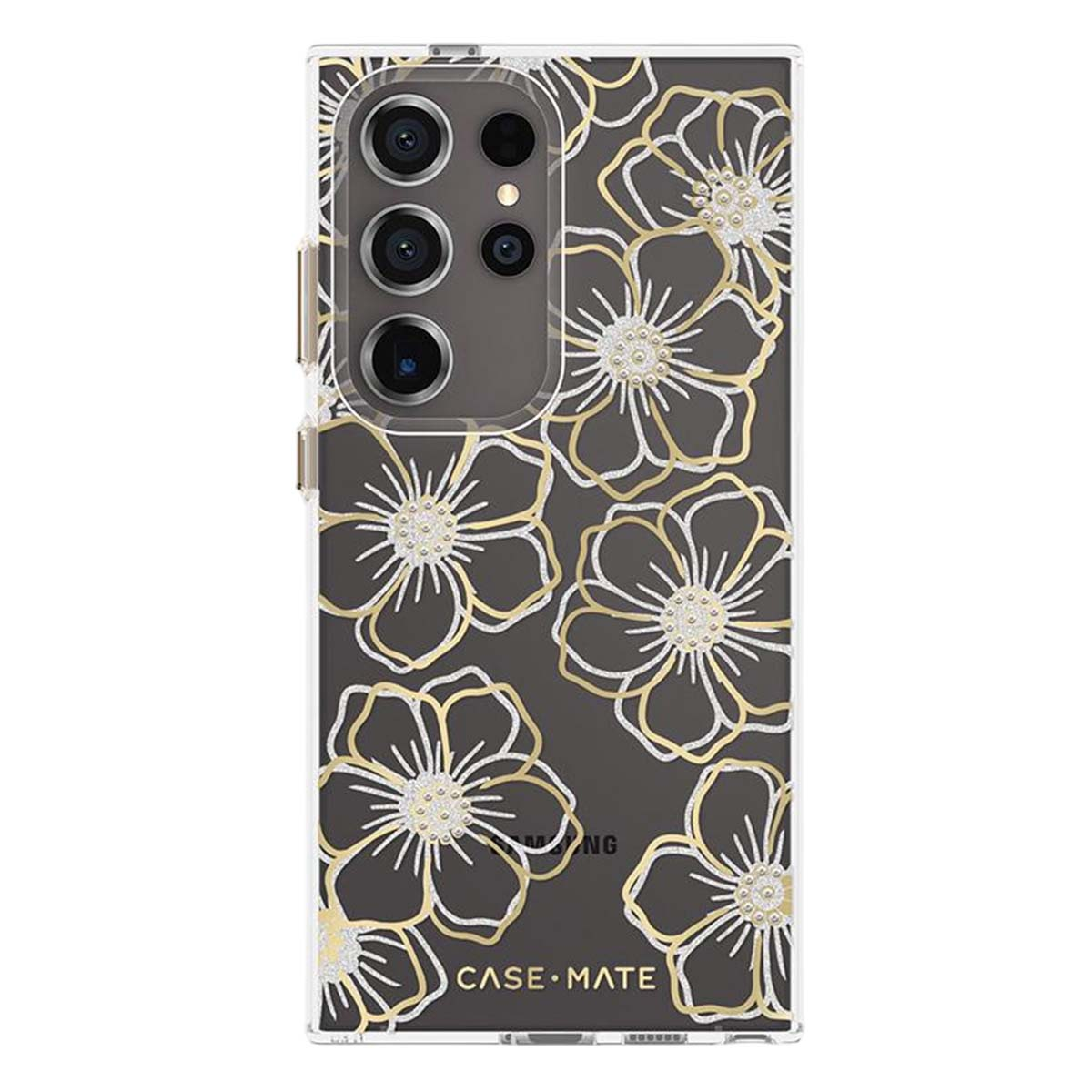 Una custodia per telefono con un design floreale. I fiori hanno contorni dorati e centri bianchi su sfondo scuro. 'CASE MATE' in basso.