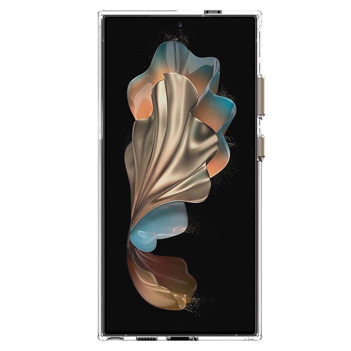Un telefono con custodia trasparente mostra un design astratto dorato su sfondo nero. I colori includono oro, arancione e blu.