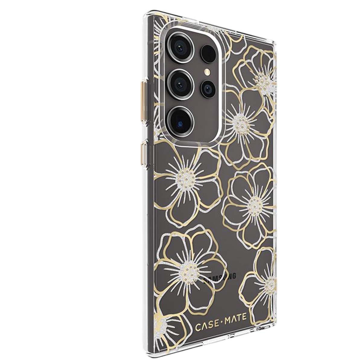 Custodia trasparente per telefono con design floreale dorato. Il telefono ha più lenti. Visibile il logo del marchio CaseMate.