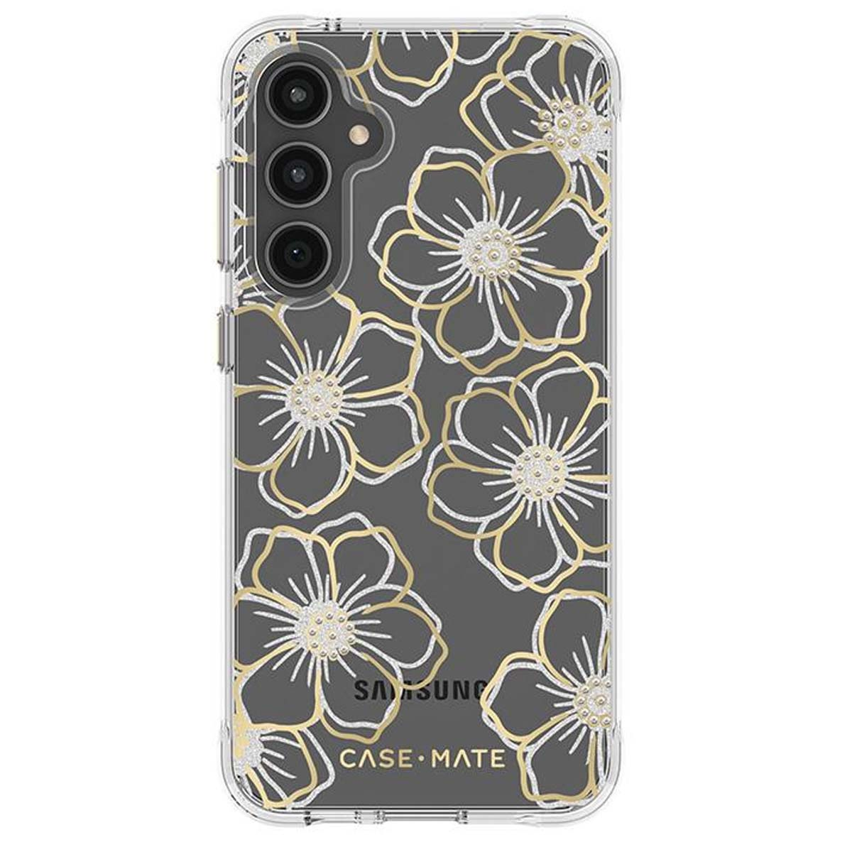 Transparente Handyhülle mit goldenem und silbernem Blumendesign. Auf der Hülle steht 'SAMSUNG' und 'CASE•MATE'.