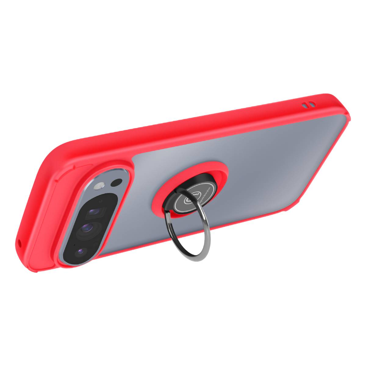 Eine rote Handyhülle mit Ringhalterung. Die Hülle ist auf einem grauen Telefon. Der Halter ist schwarz und silber.