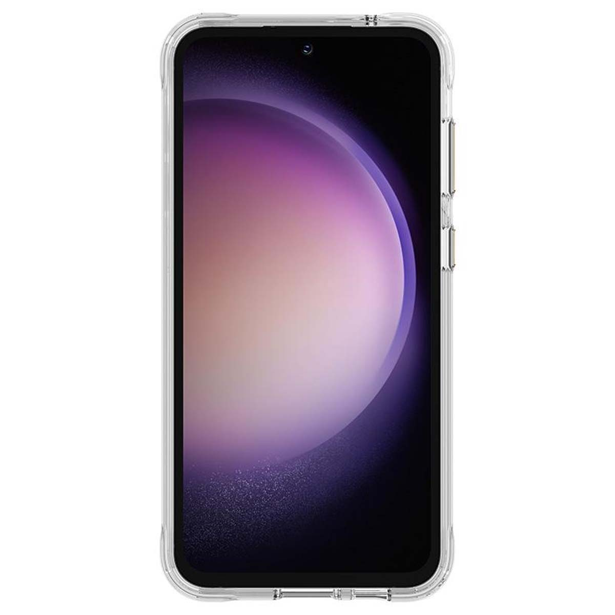 Eine transparente Handyhülle über einem Smartphone. Der Bildschirm des Telefons zeigt einen lila Farbverlauf.