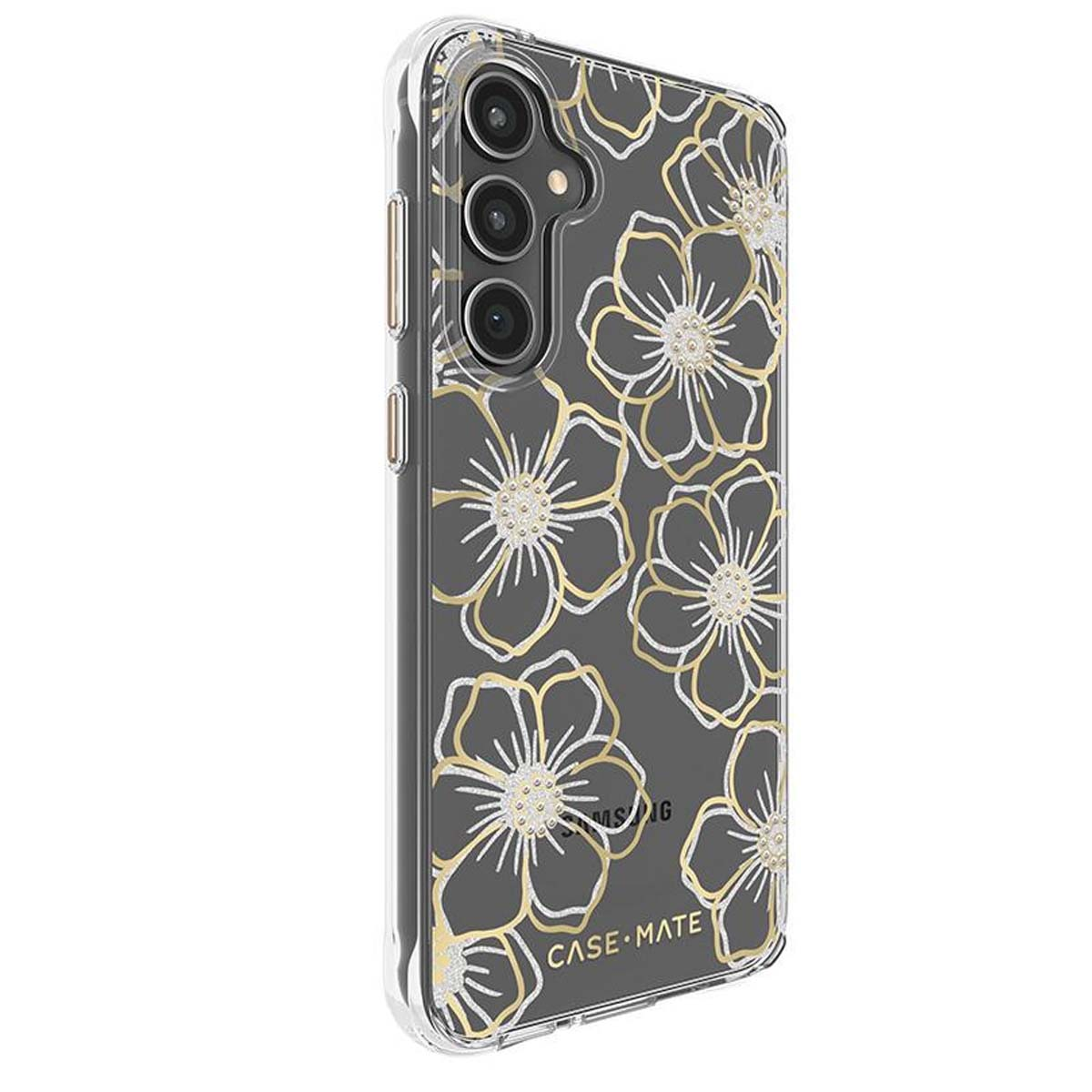 Eine Handyhülle mit goldenem und silbernem Blumenmuster. Die Hülle ist transparent, die Blumen sind auf schwarzem Grund umrandet.