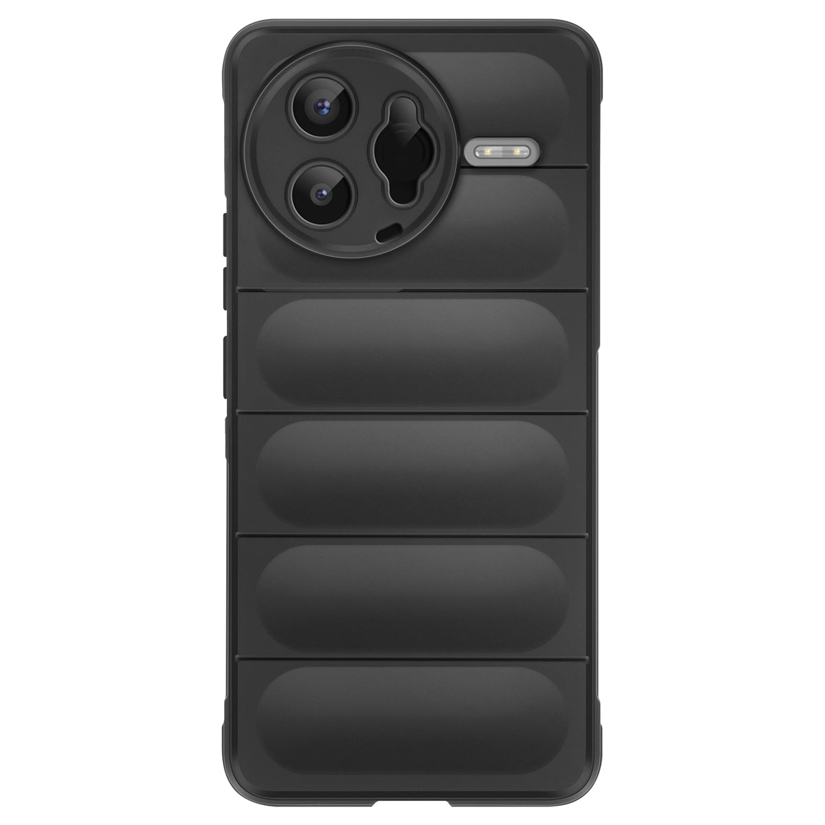 Custodia nera per telefono con tre obiettivi, un flash e un design trapuntato strutturato. La custodia è rettangolare.