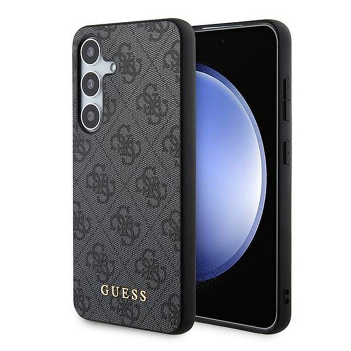 Uno smartphone in una custodia fantasia con il marchio GUESS. Il telefono è nero, con uno schermo che mostra una sfumatura blu chiaro.