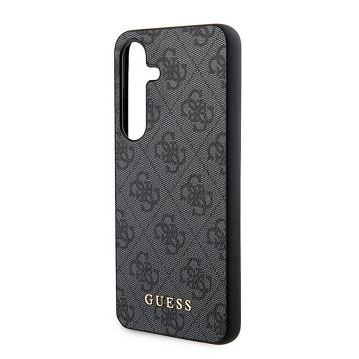 Una custodia per telefono Guess. È nera con un motivo e ha un ritaglio per la fotocamera. Il logo Guess è in basso.