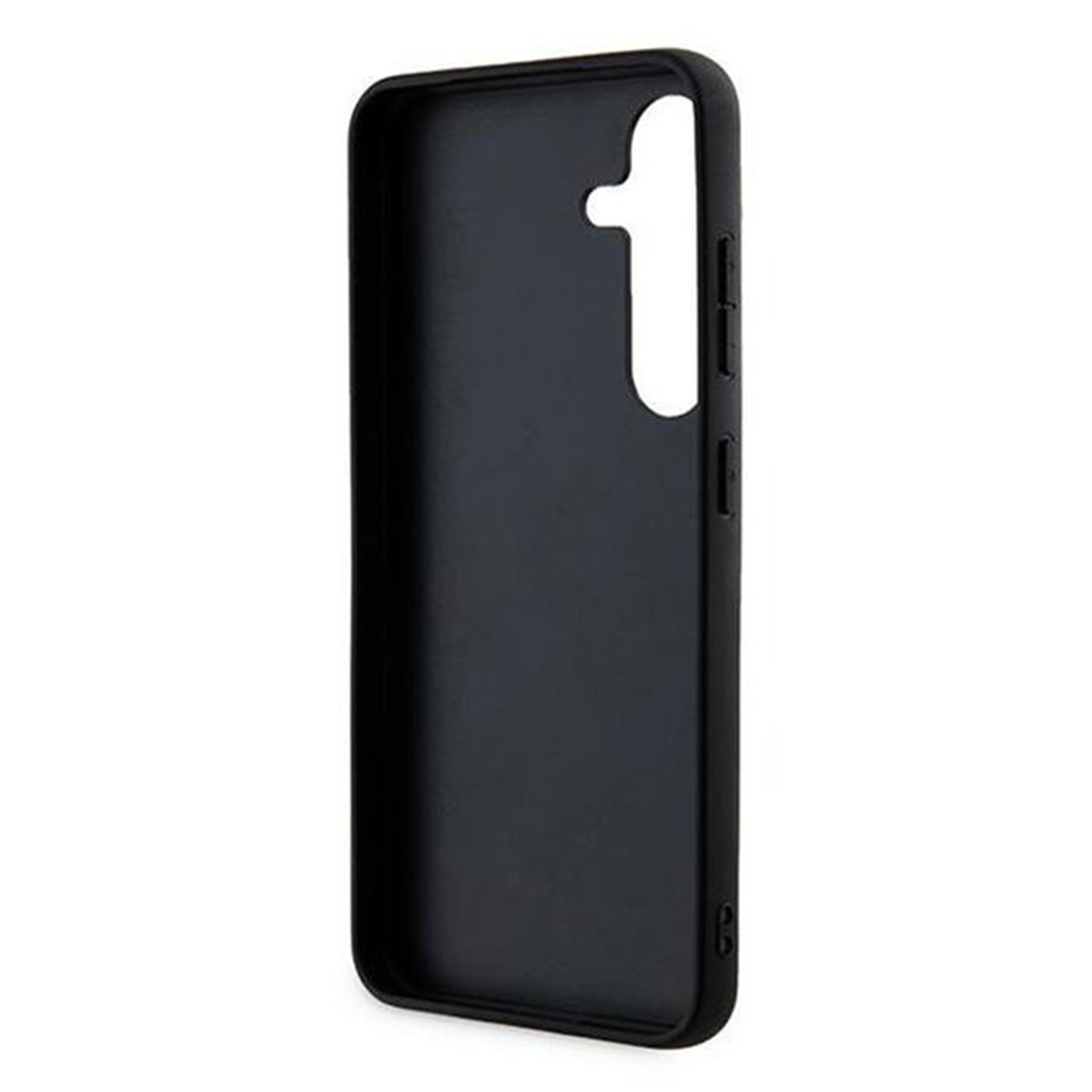 Una custodia per telefono nera, con ritagli per fotocamera e pulsanti, è mostrata su sfondo bianco. La custodia è vuota.