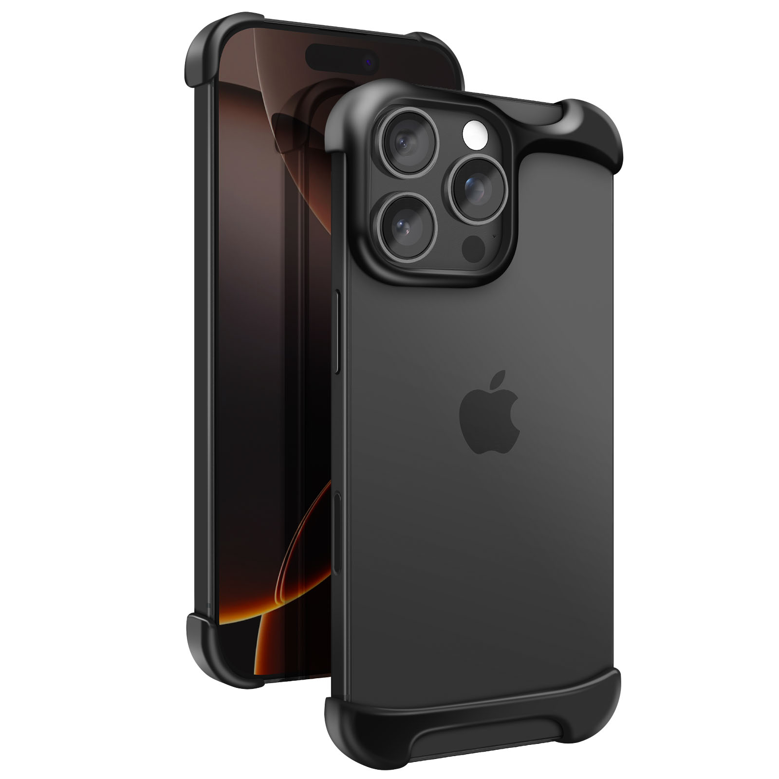 Zwei schwarze Smartphones mit Schutzhüllen. Eines zeigt den Bildschirm, das andere die Rückseite mit Apple-Logo und Kameras.