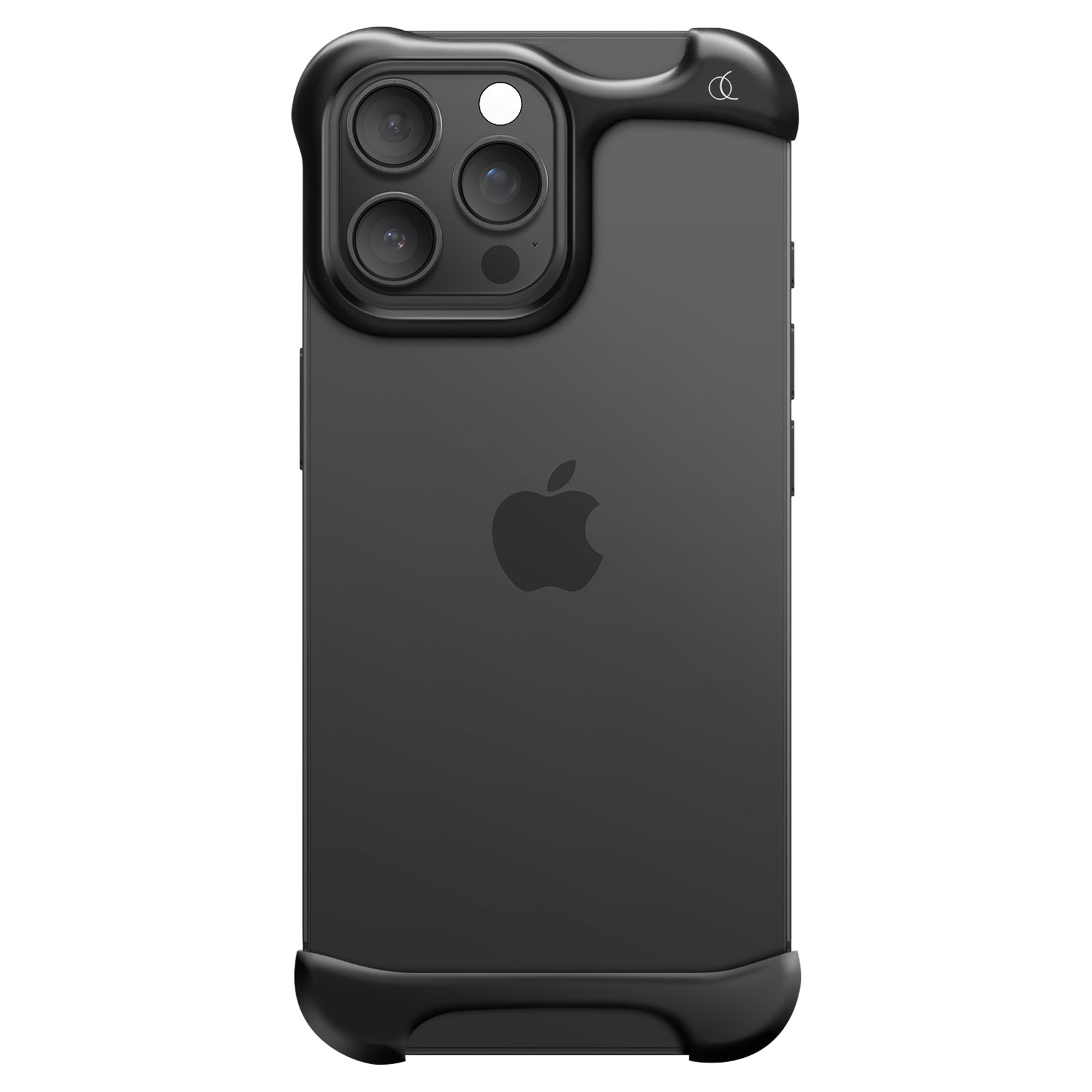Schwarzes iPhone mit Schutzhülle. Die Hülle hat ein gebogenes Design um die Kamera und den Boden.