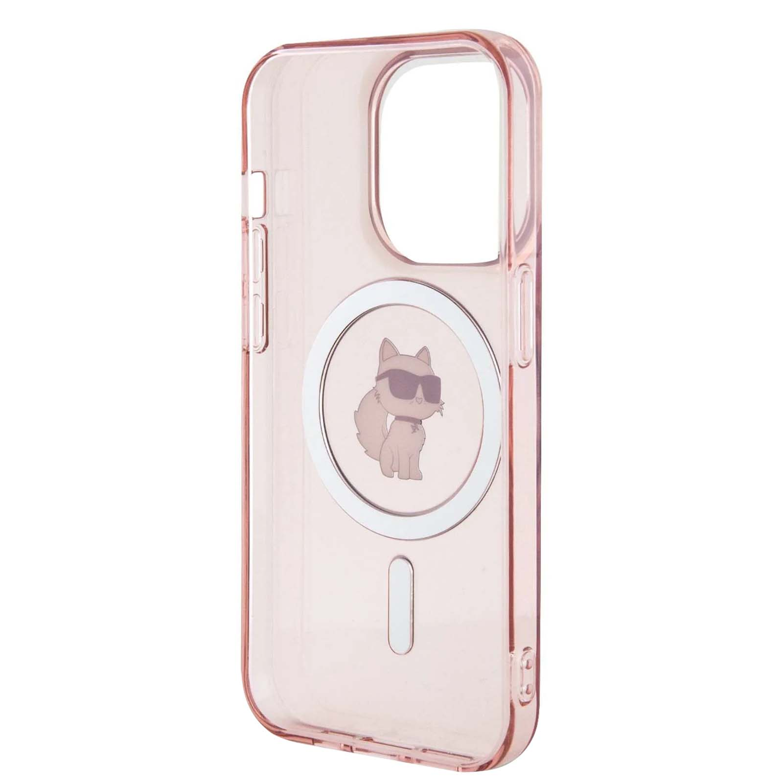 Una custodia rosa per telefono con un gatto con occhiali da sole. La custodia è trasparente, con un cerchio magnetico e un gatto grafico.