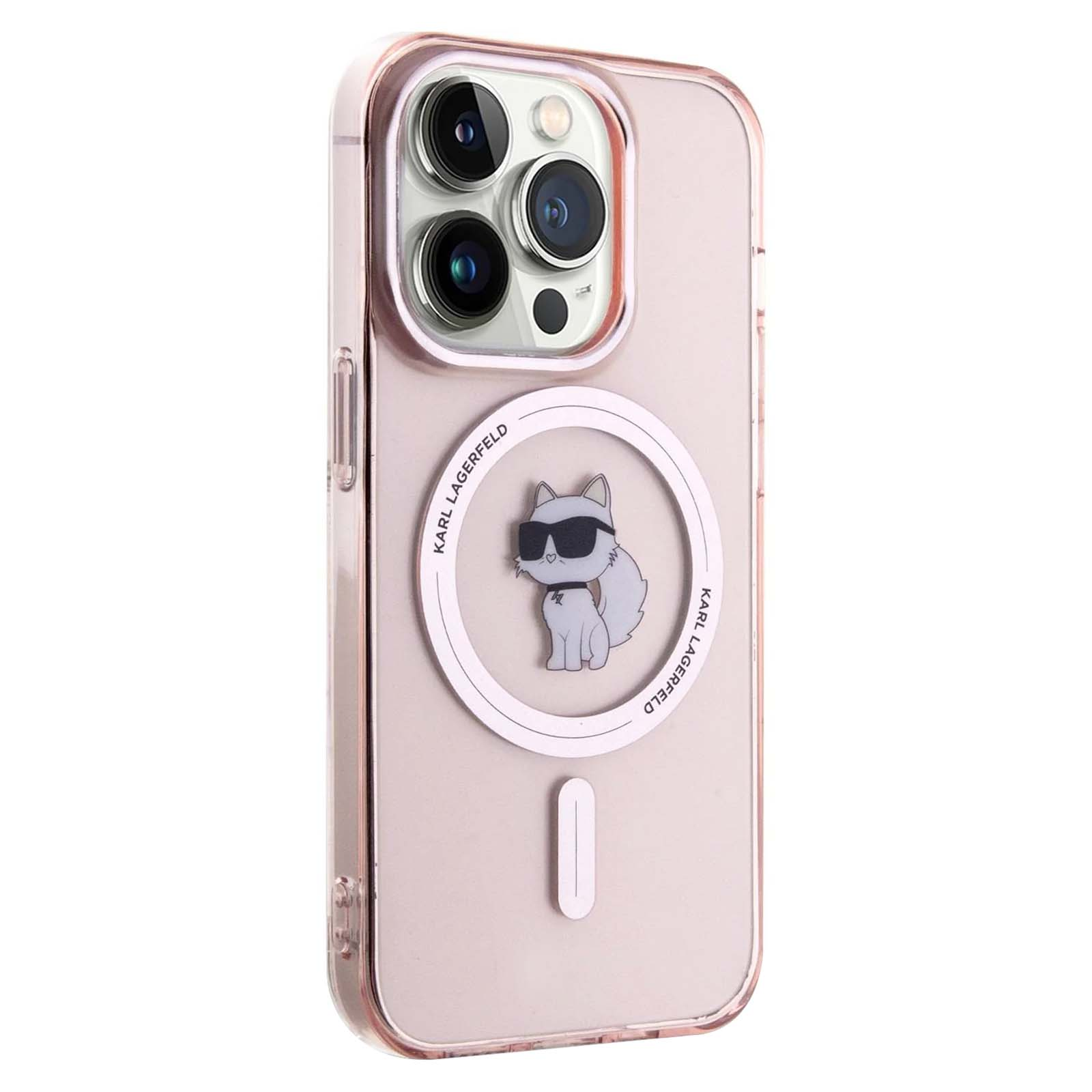 Una custodia per telefono con un design Karl Lagerfeld. Ha una tinta rosa e presenta un gatto con occhiali da sole su un design circolare.