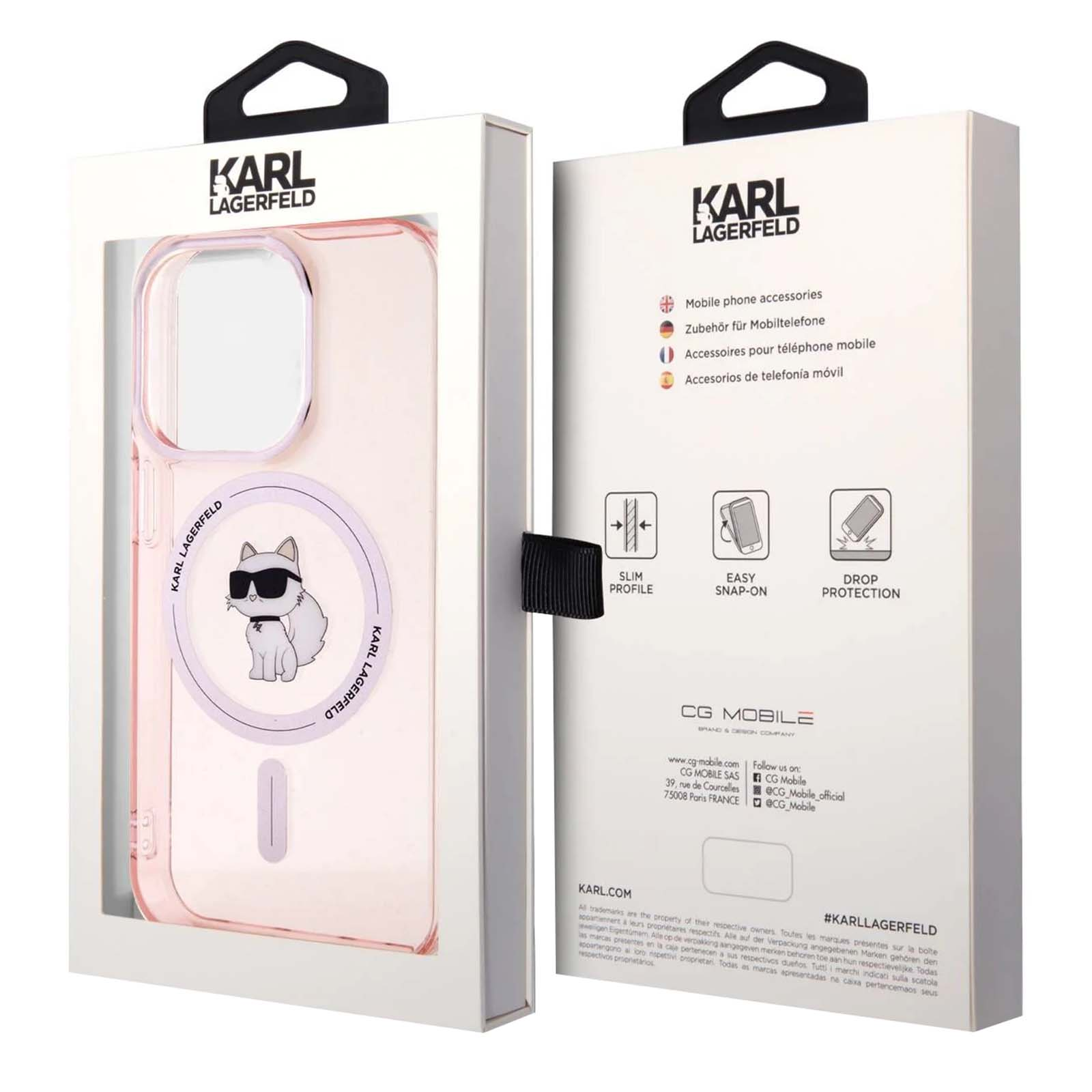 Scatola per custodia del telefono con custodia rosa. La custodia ha un design a gatto e il logo Karl Lagerfeld.