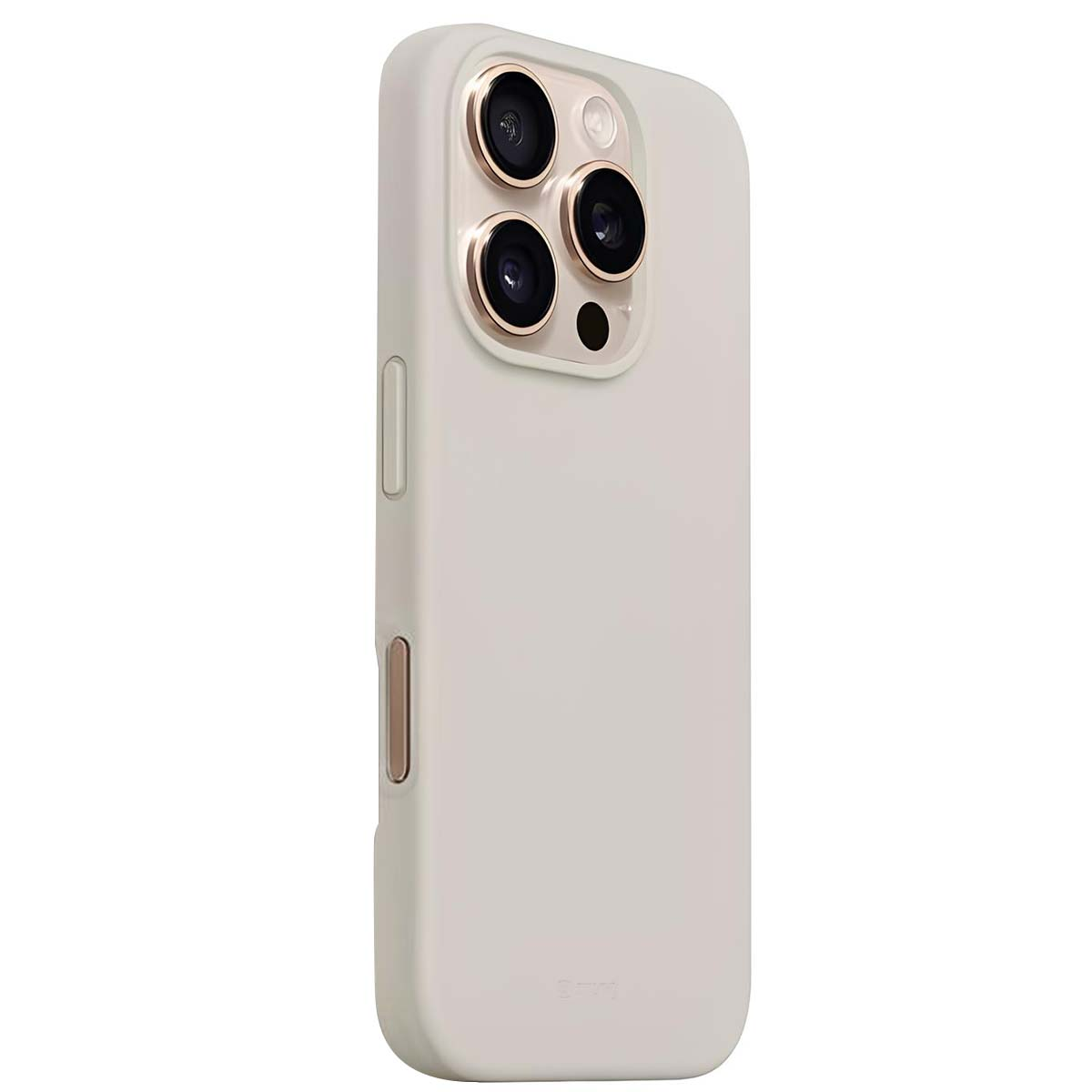 Una custodia per telefono grigio chiaro con anelli dorati per la fotocamera, un pulsante del volume e un pulsante di accensione. La custodia è su sfondo bianco.