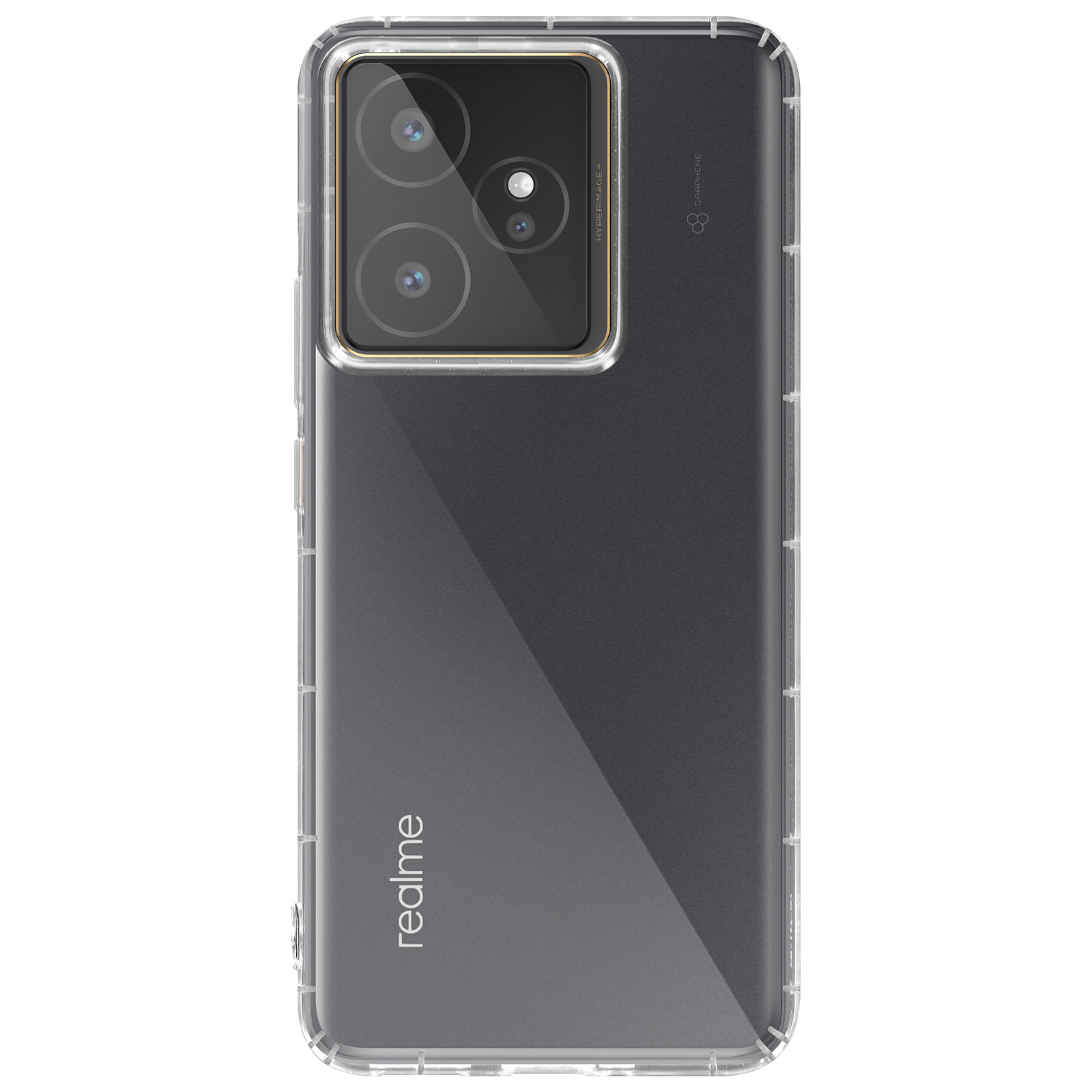 Un smartphone dans un étui transparent est présenté. Le téléphone possède une configuration à triple caméra et le logo Realme.