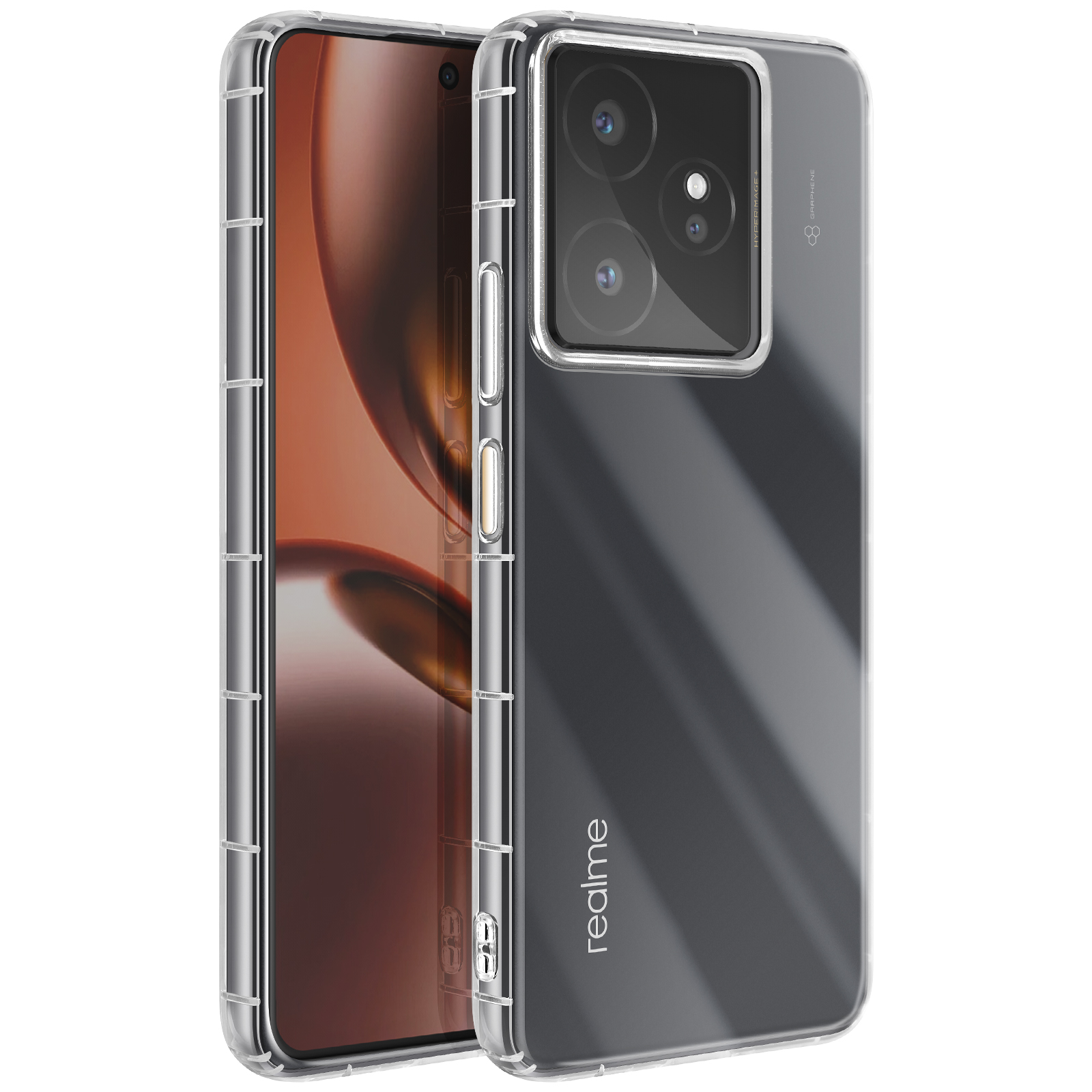 Un smartphone dans une coque transparente. Le téléphone possède un grand module caméra et le logo Realme est visible.