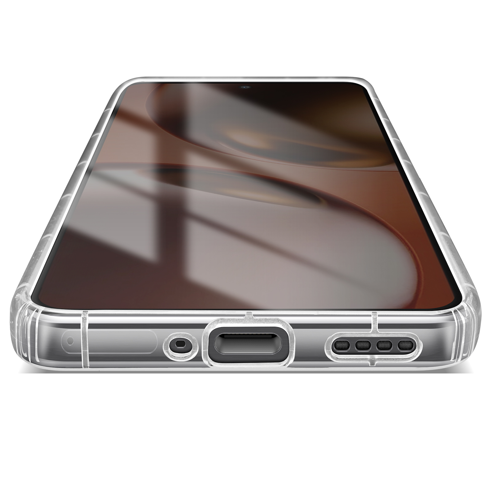 Coque de téléphone transparente avec protecteur d'écran marron. Ports et boutons visibles. Fond blanc.
