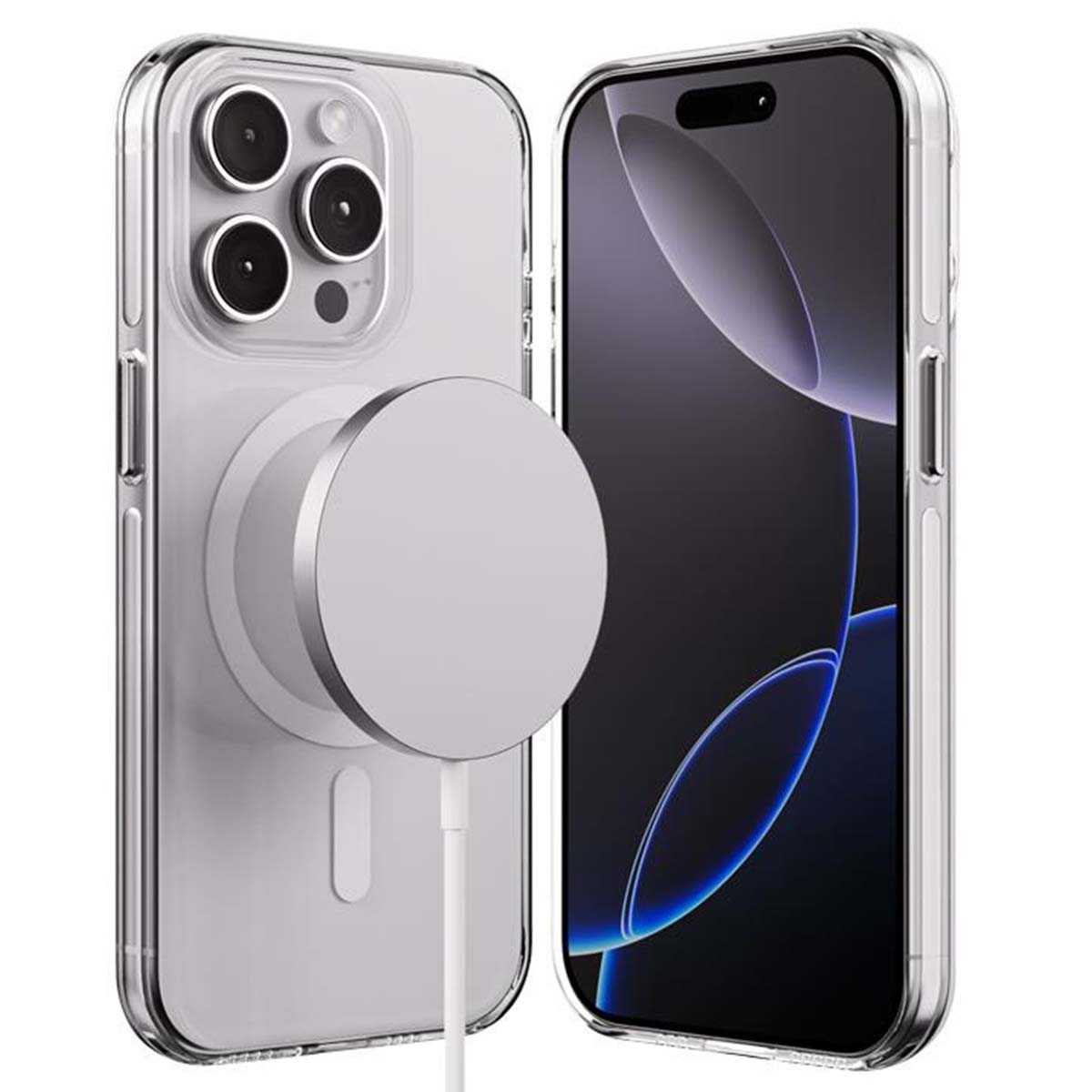 Due custodie trasparenti per telefoni che mostrano uno smartphone e il suo retro con un caricatore MagSafe e un cavo bianco.