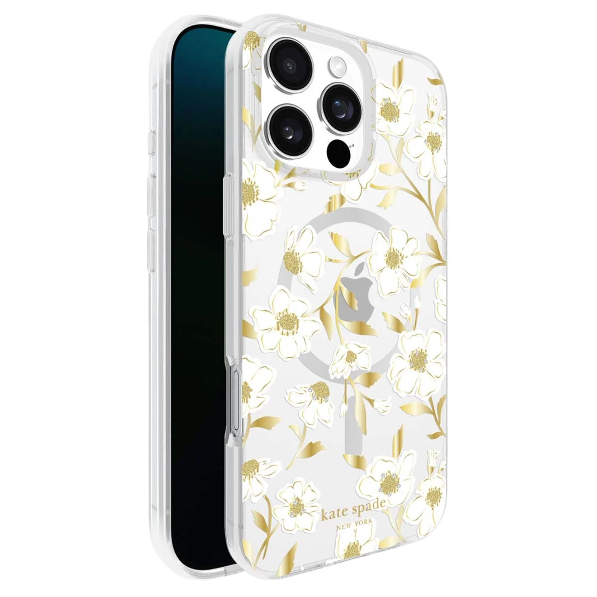 Transparente Handyhülle mit weißem Blumendesign und goldenen Akzenten. Das Telefon ist schwarz mit silberner Kamera. Kate Spade Logo auf der Hülle.