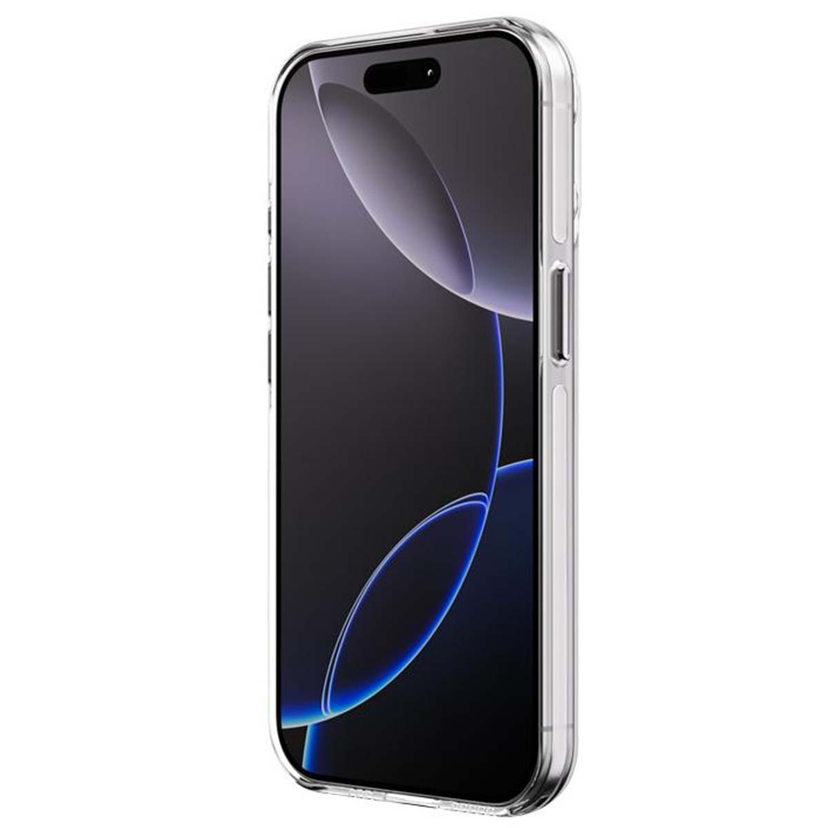 Una custodia trasparente copre uno smartphone nero. Lo schermo mostra un design blu scuro e bianco.