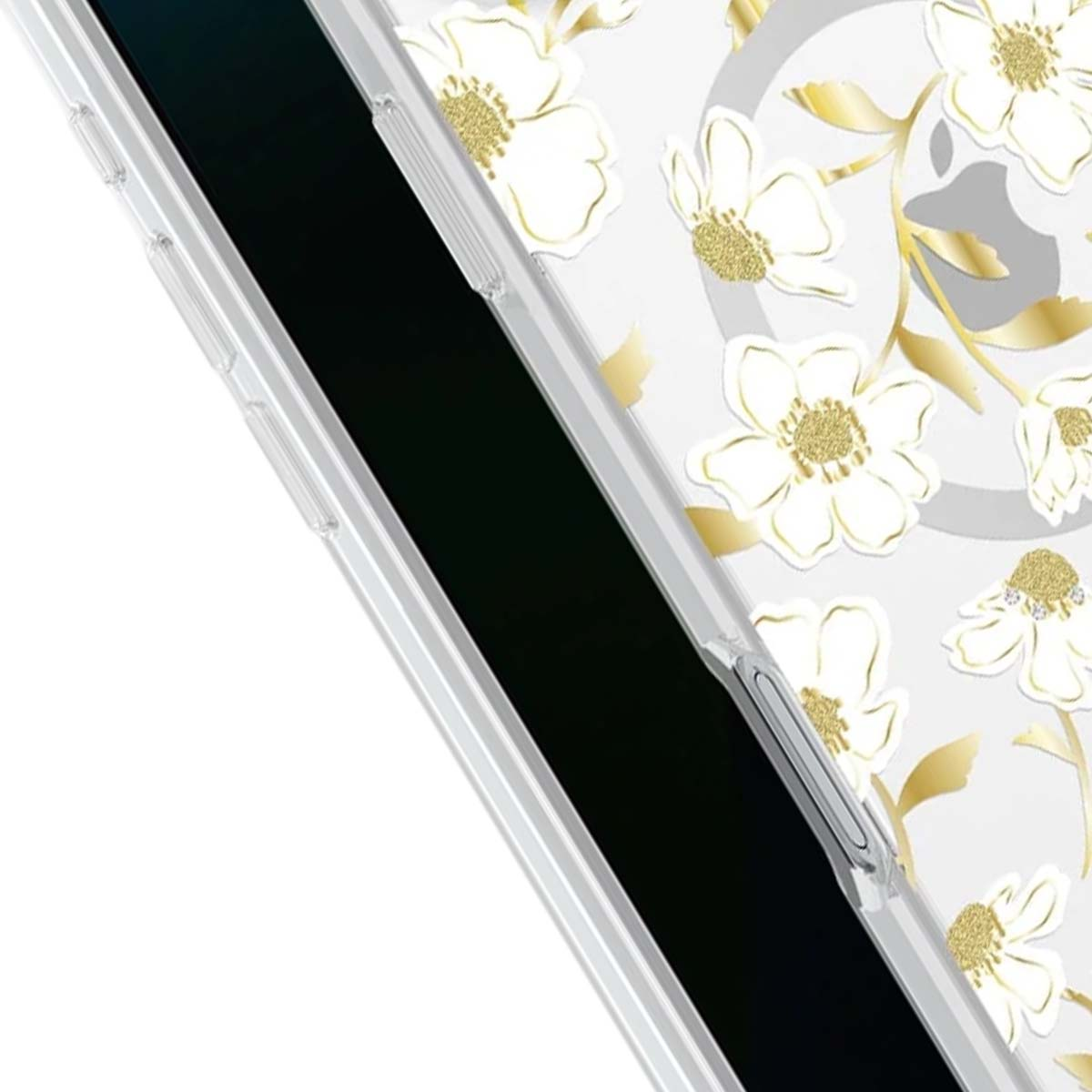 Transparente Handyhülle mit weißem und goldenem Blumendesign. Die Hülle umgibt einen schwarzen Bildschirm. Weißer Hintergrund.