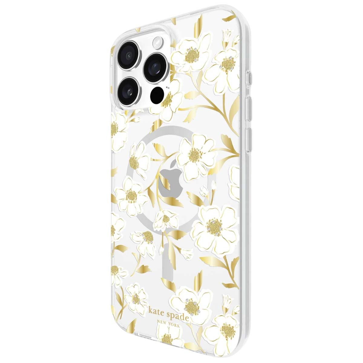 Transparente Handyhülle mit weißem und goldenem Blumendesign. Mit Kate Spade Logo und Apple Logo.
