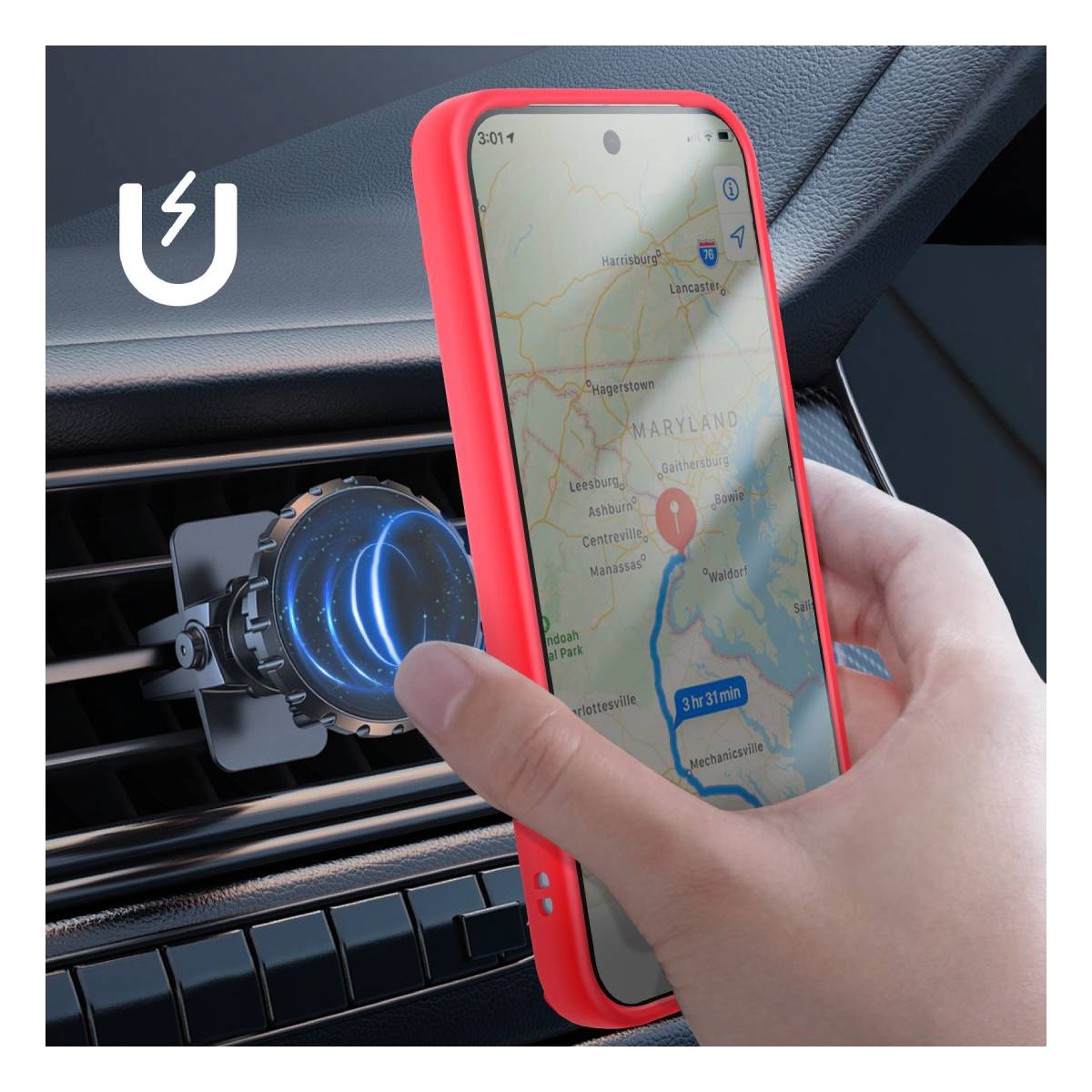 Eine Hand hält ein rotes Telefon, das eine Karte anzeigt. Ein magnetischer Telefonhalter befindet sich in der Lüftung des Autos. Die Uhrzeit ist 3:01.