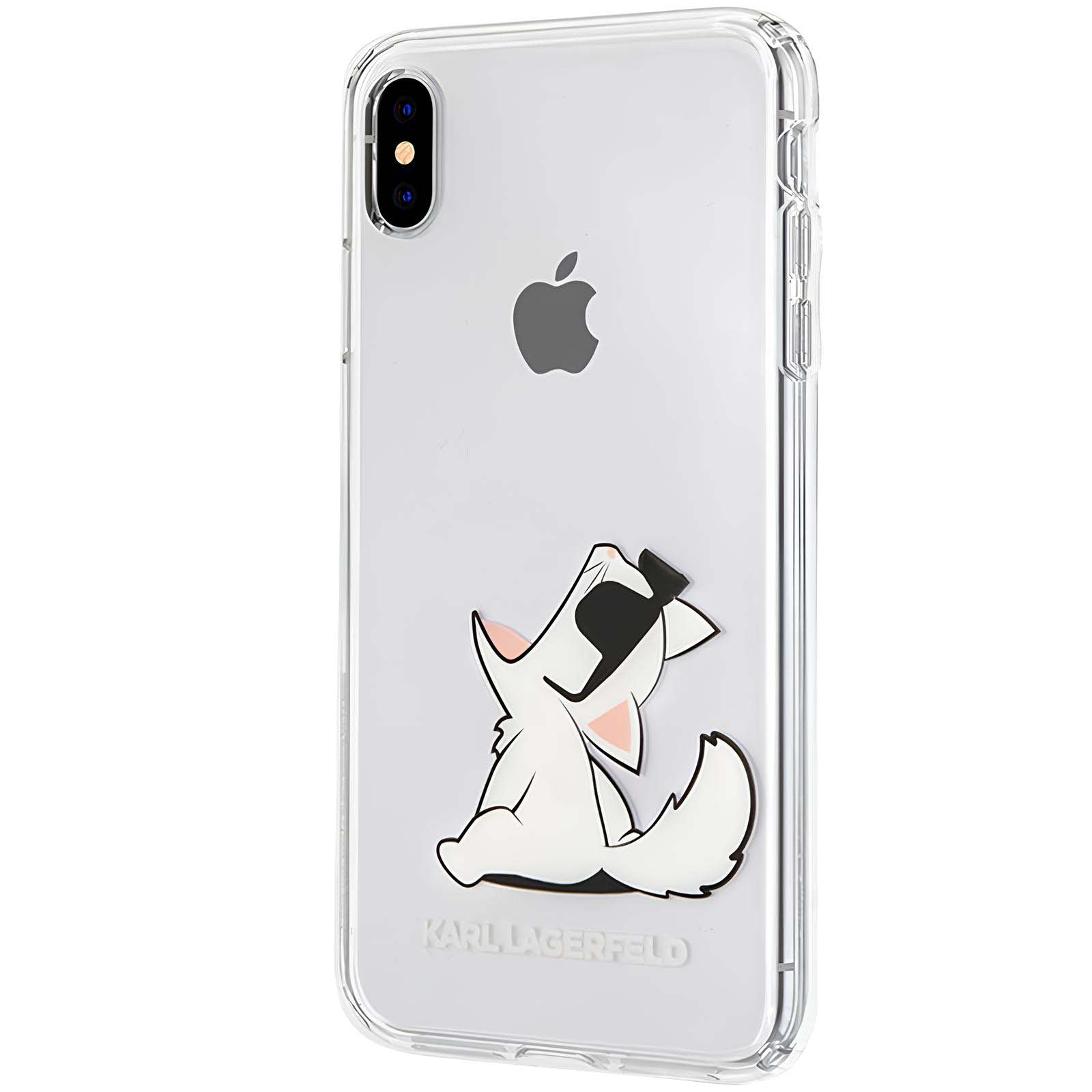 Custodia trasparente per telefono con grafica di un gatto bianco con occhiali da sole. Logo Apple e testo Karl Lagerfeld visibili.