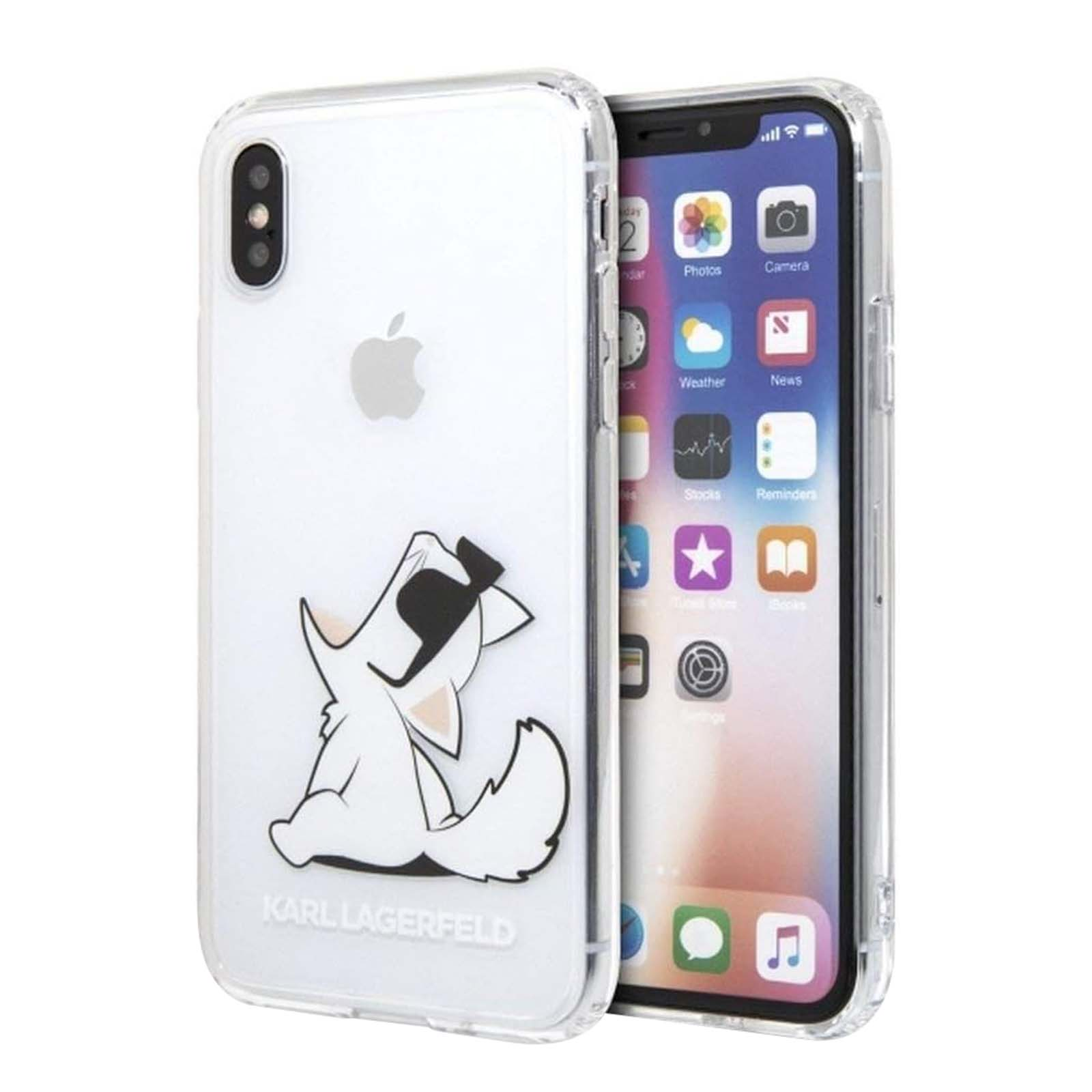 iPhone X in una custodia trasparente con un design a gatto bianco di Karl Lagerfeld. Il telefono mostra icone di app.