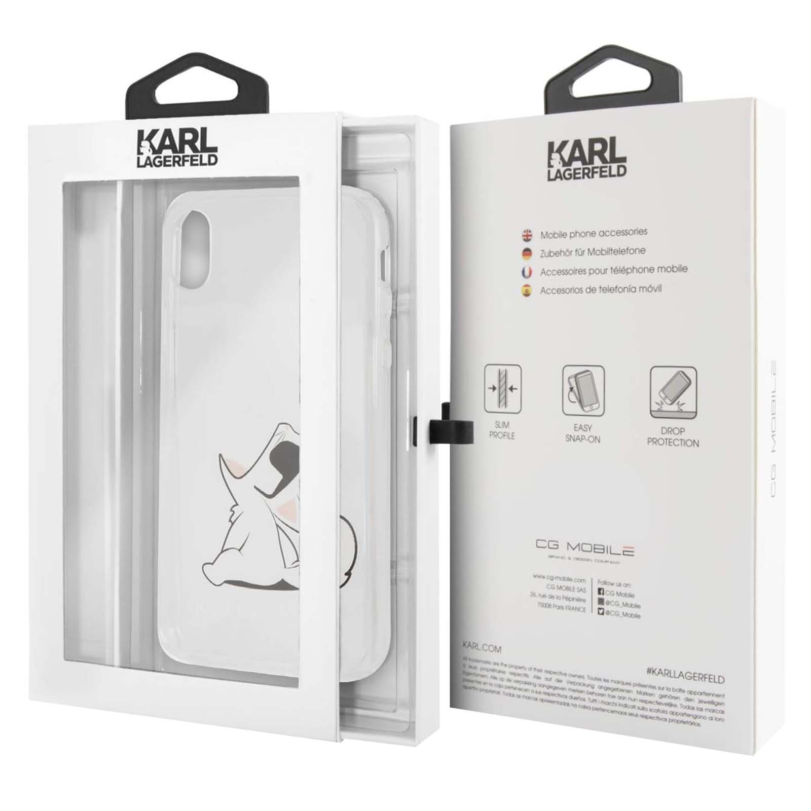 Una custodia per telefono Karl Lagerfeld in una scatola bianca. La custodia mostra una grafica di un cane. La scatola elenca le caratteristiche degli accessori per telefoni.