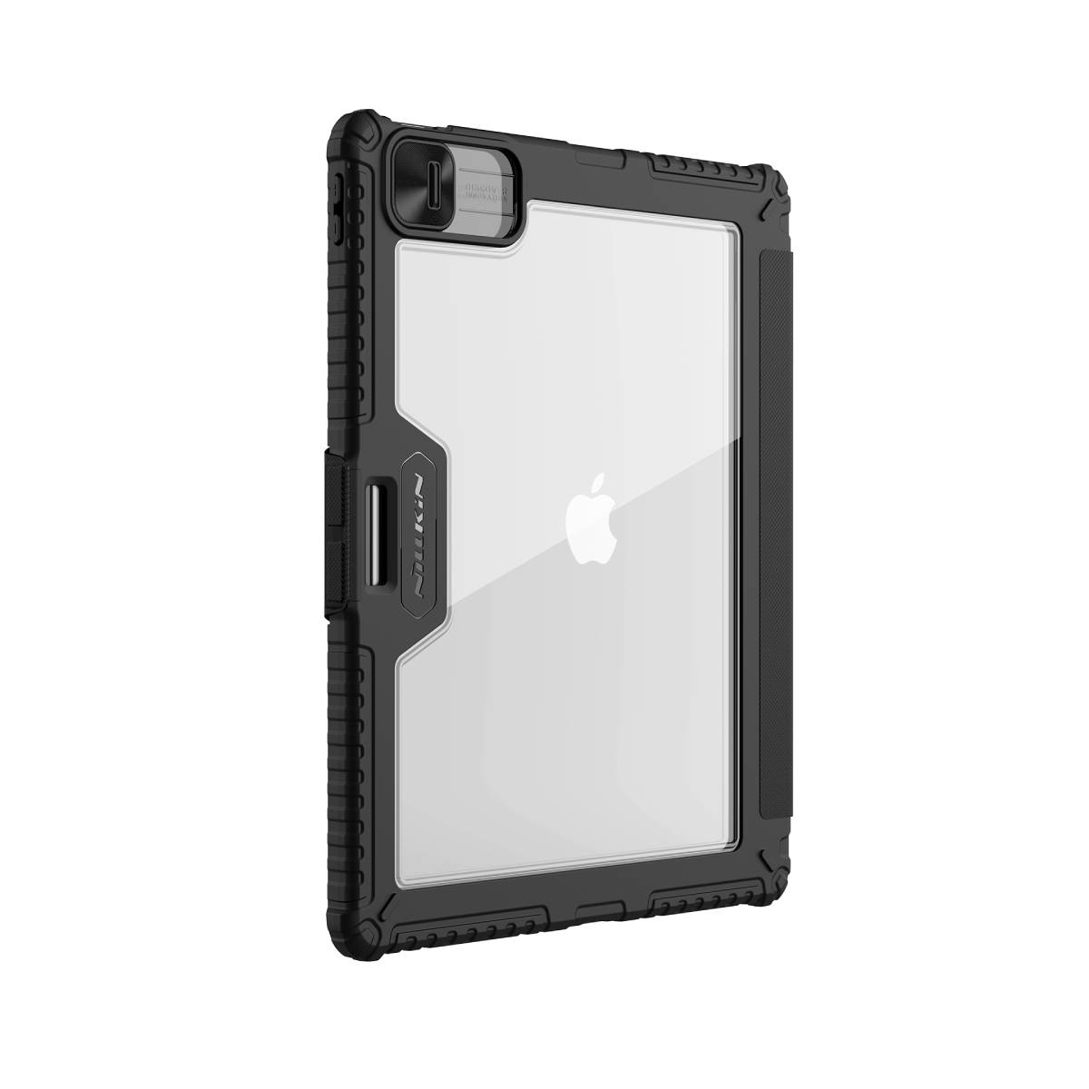 Custodia protettiva nera per iPad. Ha una parte anteriore trasparente, che mostra il logo Apple. La custodia è progettata per la protezione della fotocamera.
