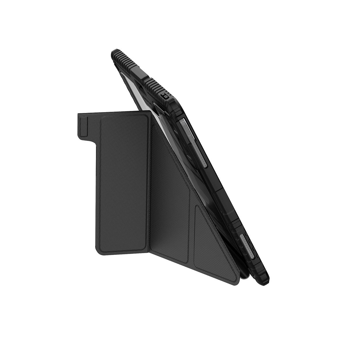 Un tablet nero in una custodia nera è appoggiato. La custodia ha una finitura strutturata. Lo sfondo è bianco.