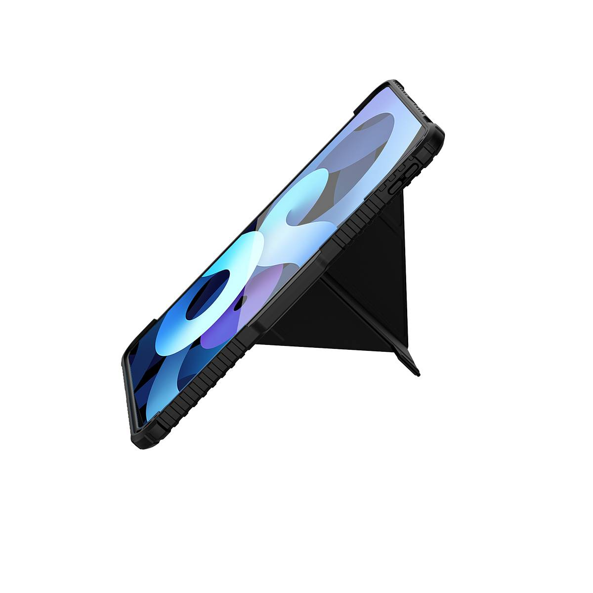 Una custodia nera per tablet con supporto che sorregge un tablet che mostra un'immagine astratta blu e bianca, su sfondo bianco.