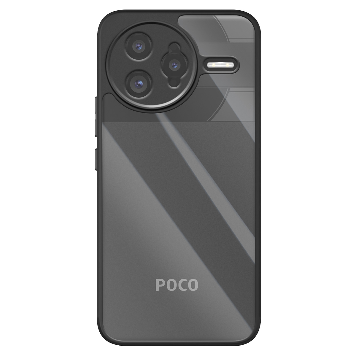 Una custodia nera per telefono con un rigonfiamento per la fotocamera. Il logo Poco è visibile. La custodia ha un design elegante con una superficie lucida.