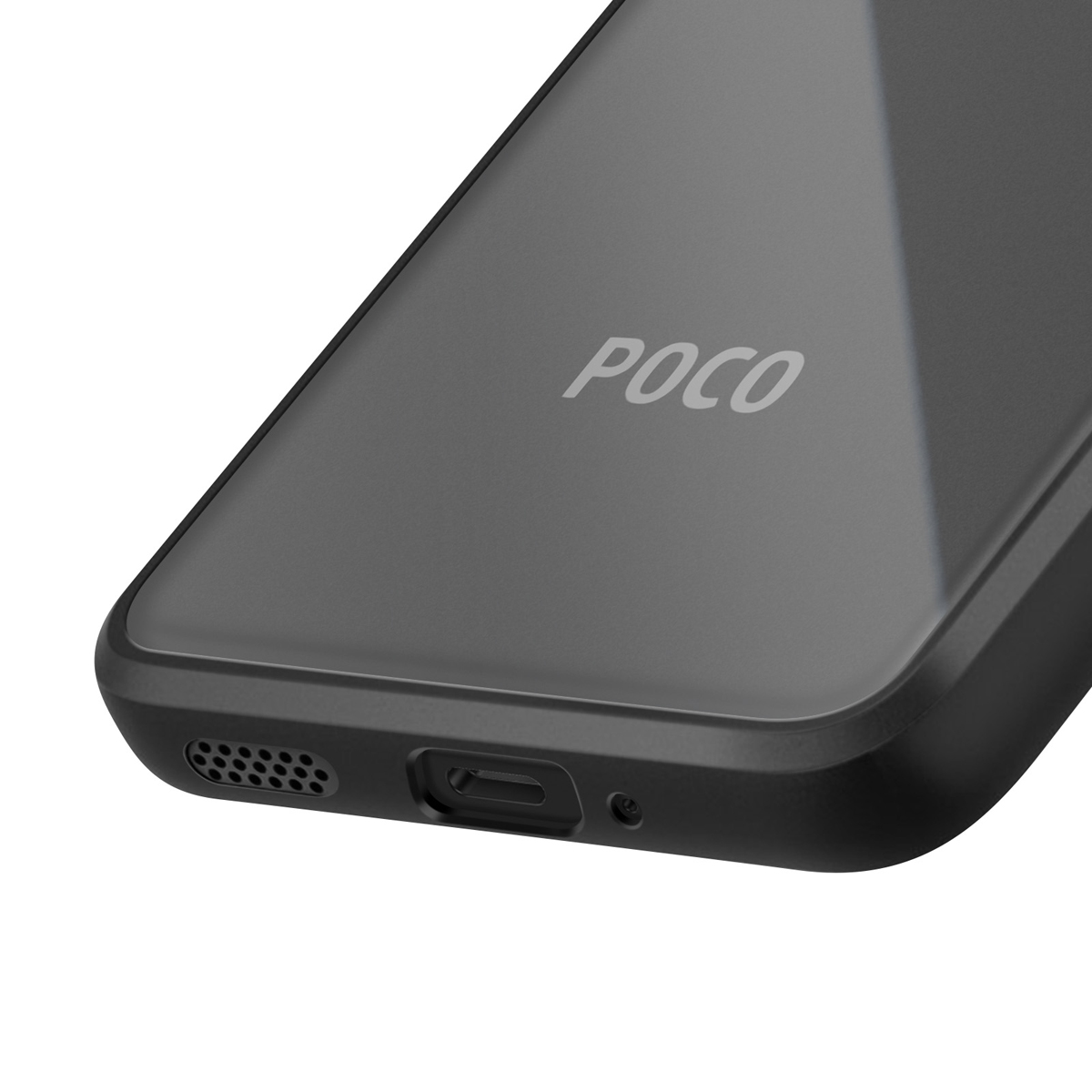 Primo piano di un telefono nero con il marchio POCO. Il telefono ha un altoparlante, una porta di ricarica e un foro per il microfono visibili.