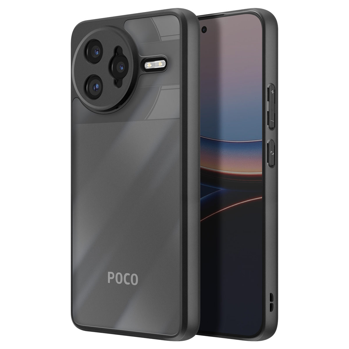 È mostrato uno smartphone in una custodia grigia. La custodia ha una sezione fotocamera con tre lenti, un flash e il logo 'POCO'.