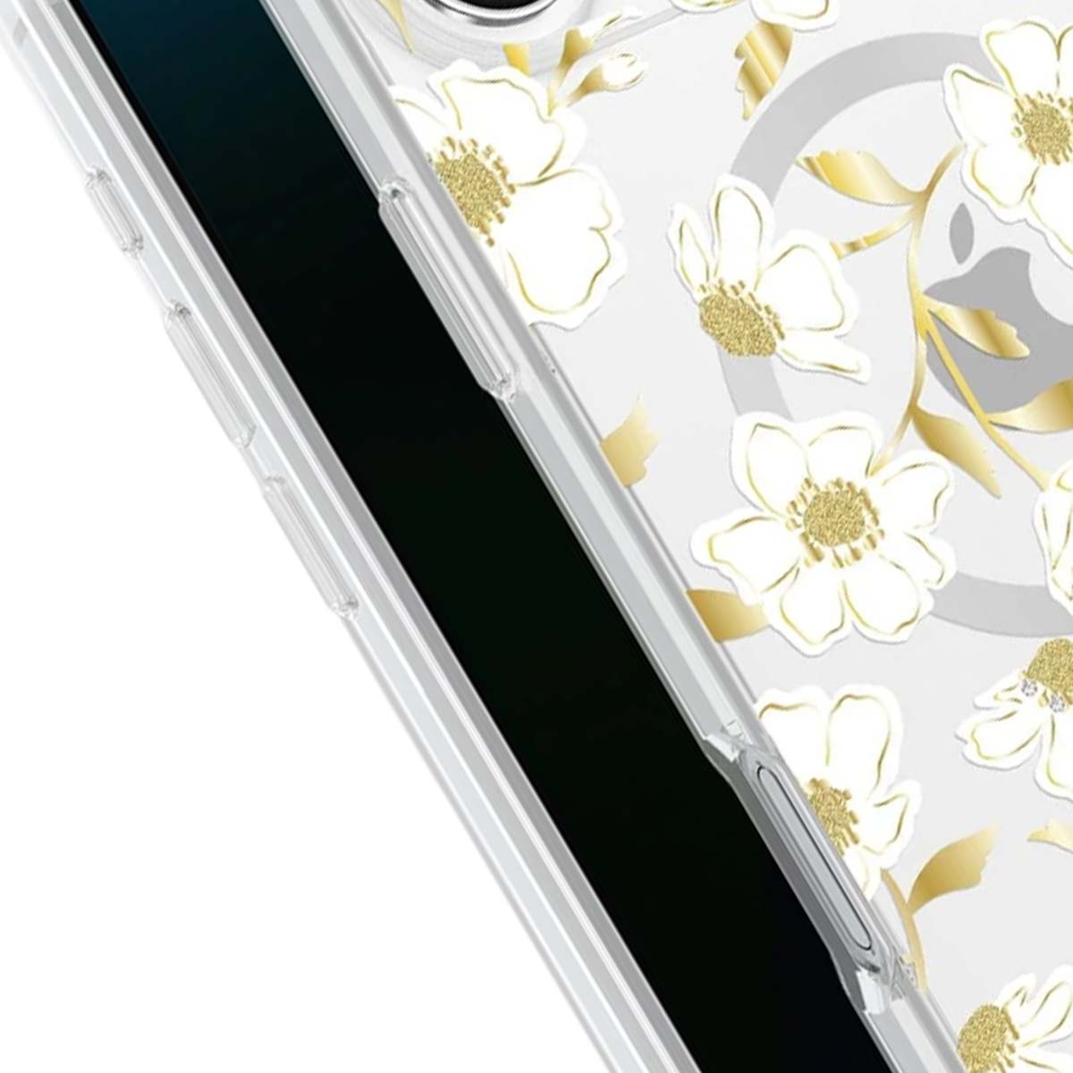 Custodia trasparente per telefono con fiori bianchi, dettagli oro e schermo nero.