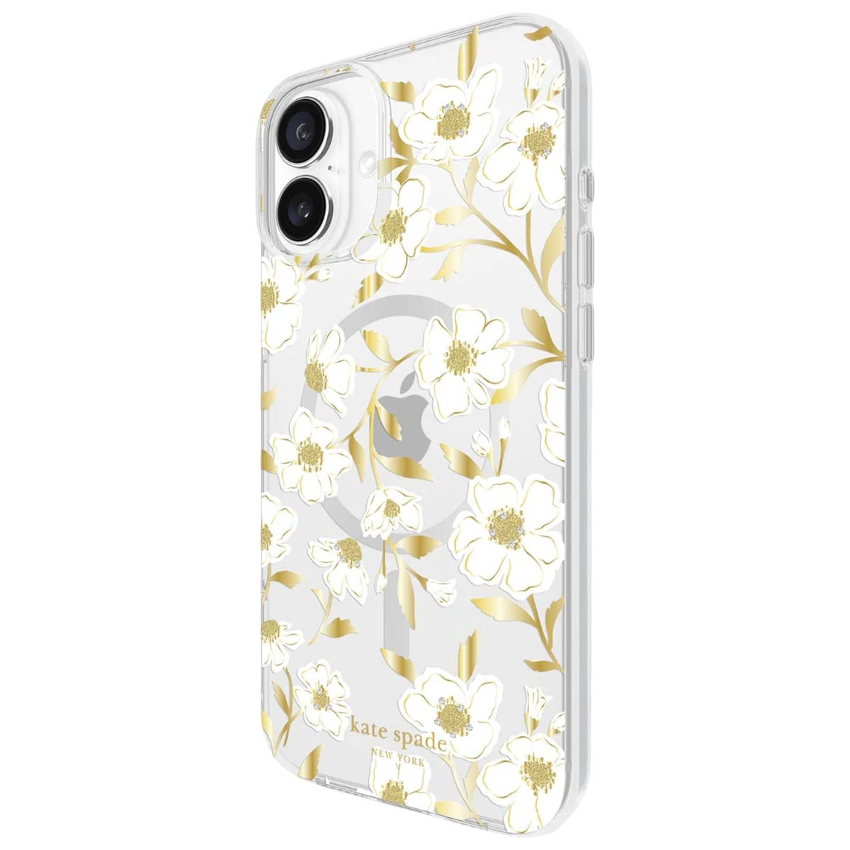 Custodia trasparente per telefono con fiori bianchi e dettagli dorati. Con logo Kate Spade e logo Apple.