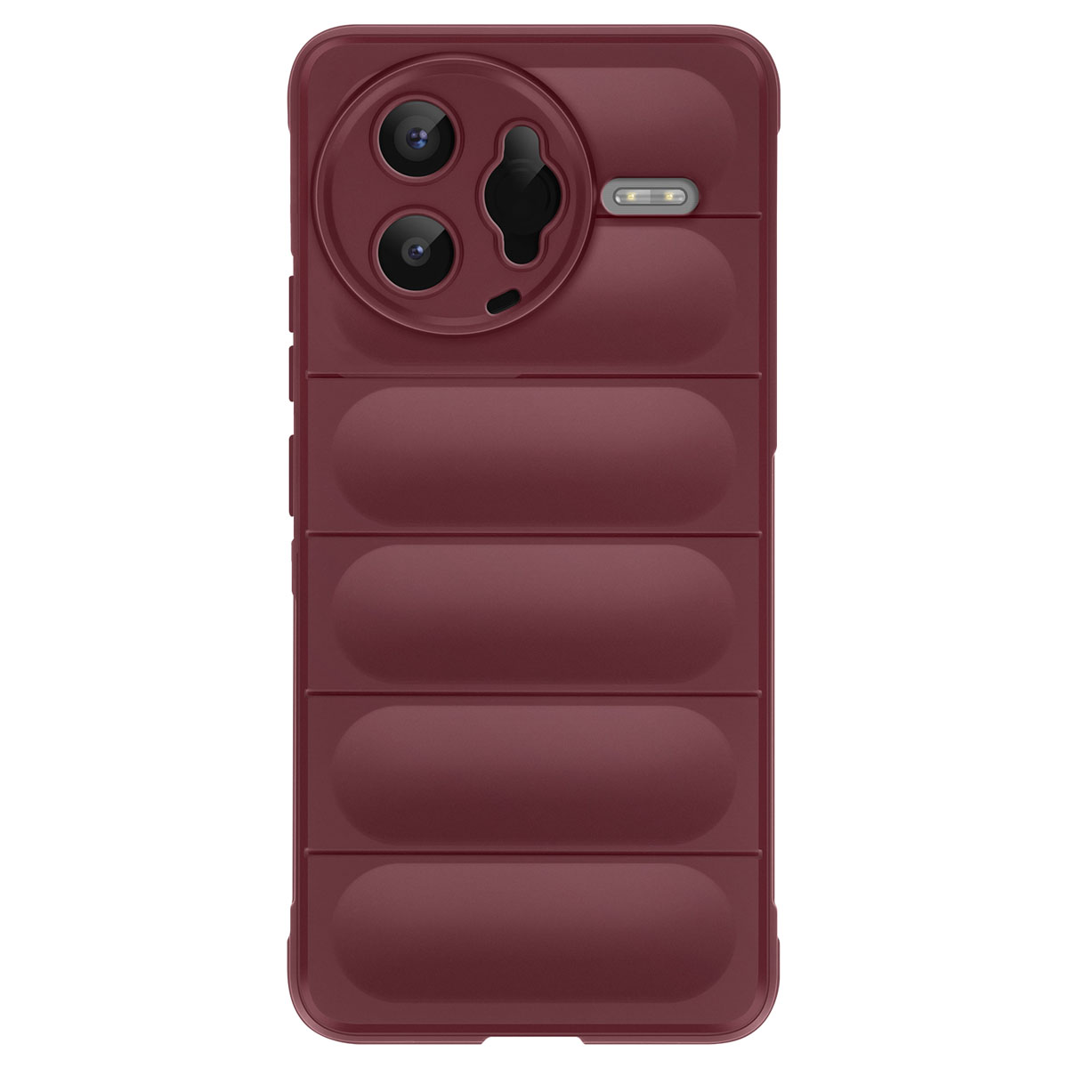 Una custodia per telefono bordeaux. Ha un gruppo fotocamere in alto e un design imbottito e strutturato.