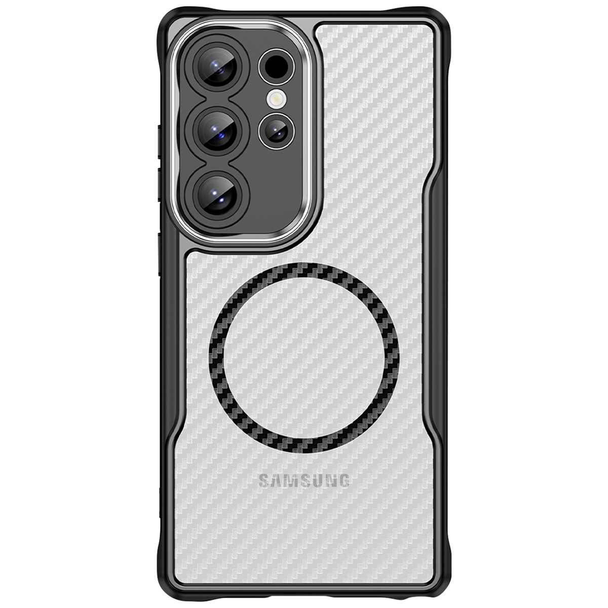 Une coque de téléphone avec un motif en fibre de carbone. Elle possède un module caméra et un anneau noir. Le logo Samsung est en bas.
