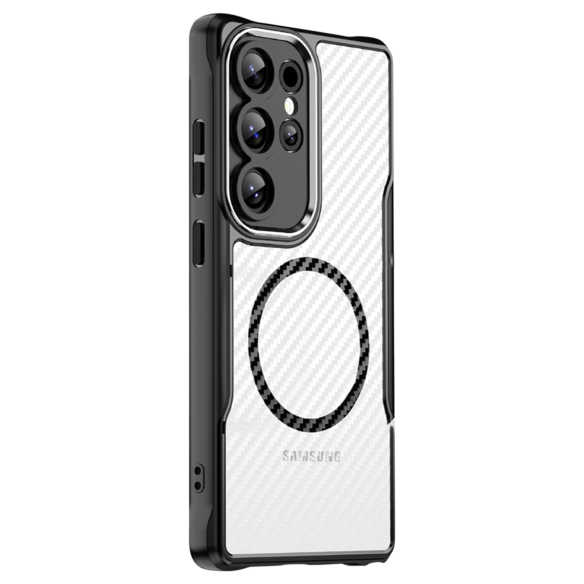 Une coque de téléphone avec un motif en fibre de carbone blanche et un cadre noir. Elle a un design circulaire à l'arrière et une configuration multi-caméras.
