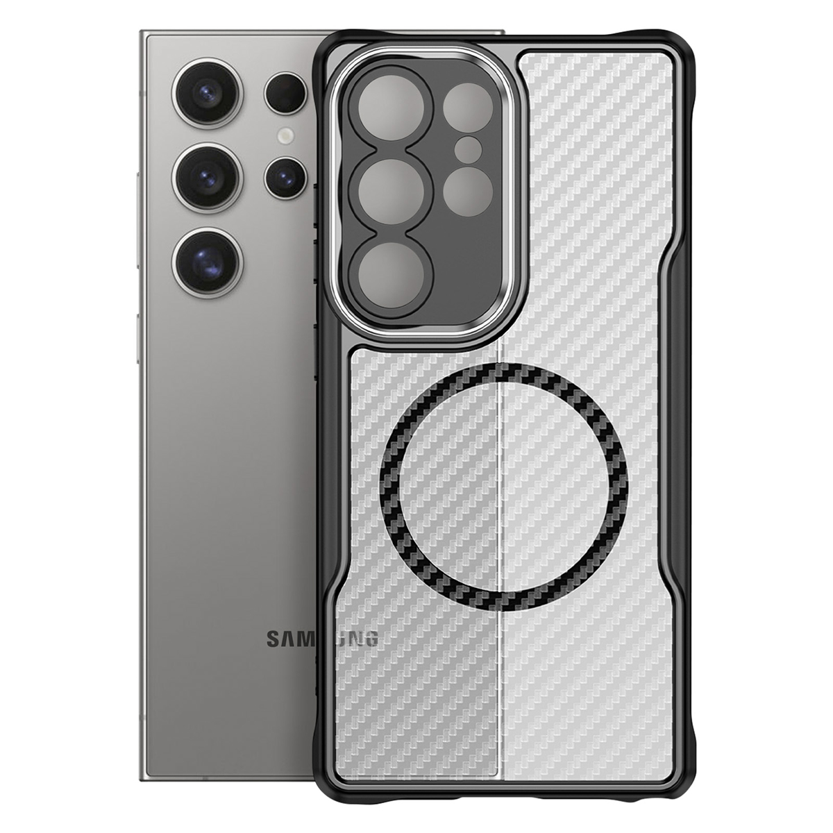 Un téléphone Samsung argenté avec une coque en fibre de carbone. La coque a un bord noir et un aimant circulaire.