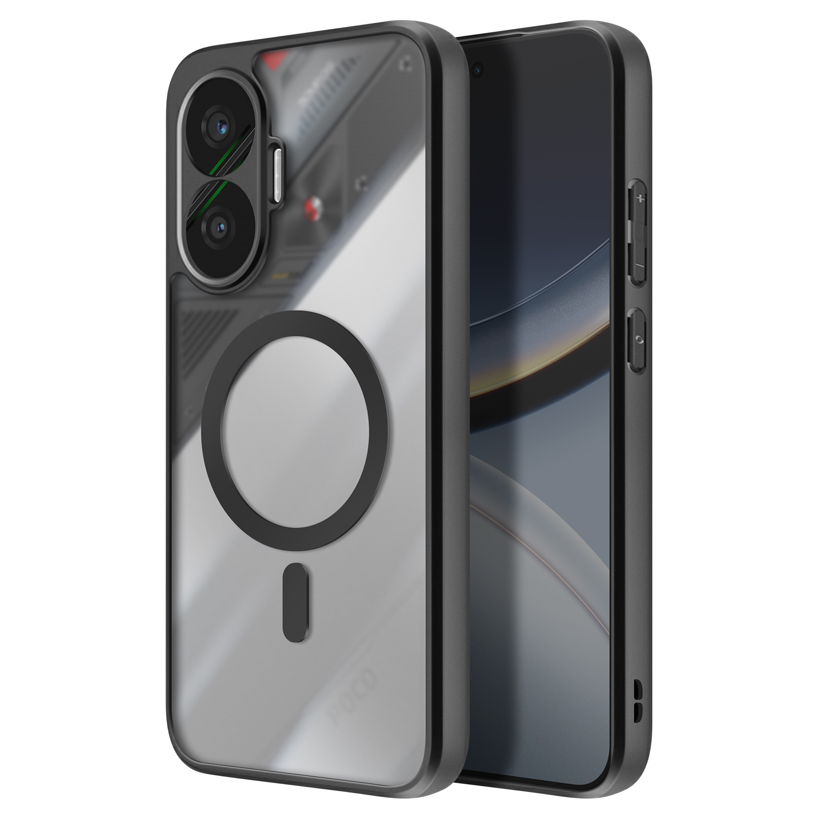 Uno smartphone in una custodia protettiva. La custodia ha un retro trasparente con una cornice nera e un anello magnetico.