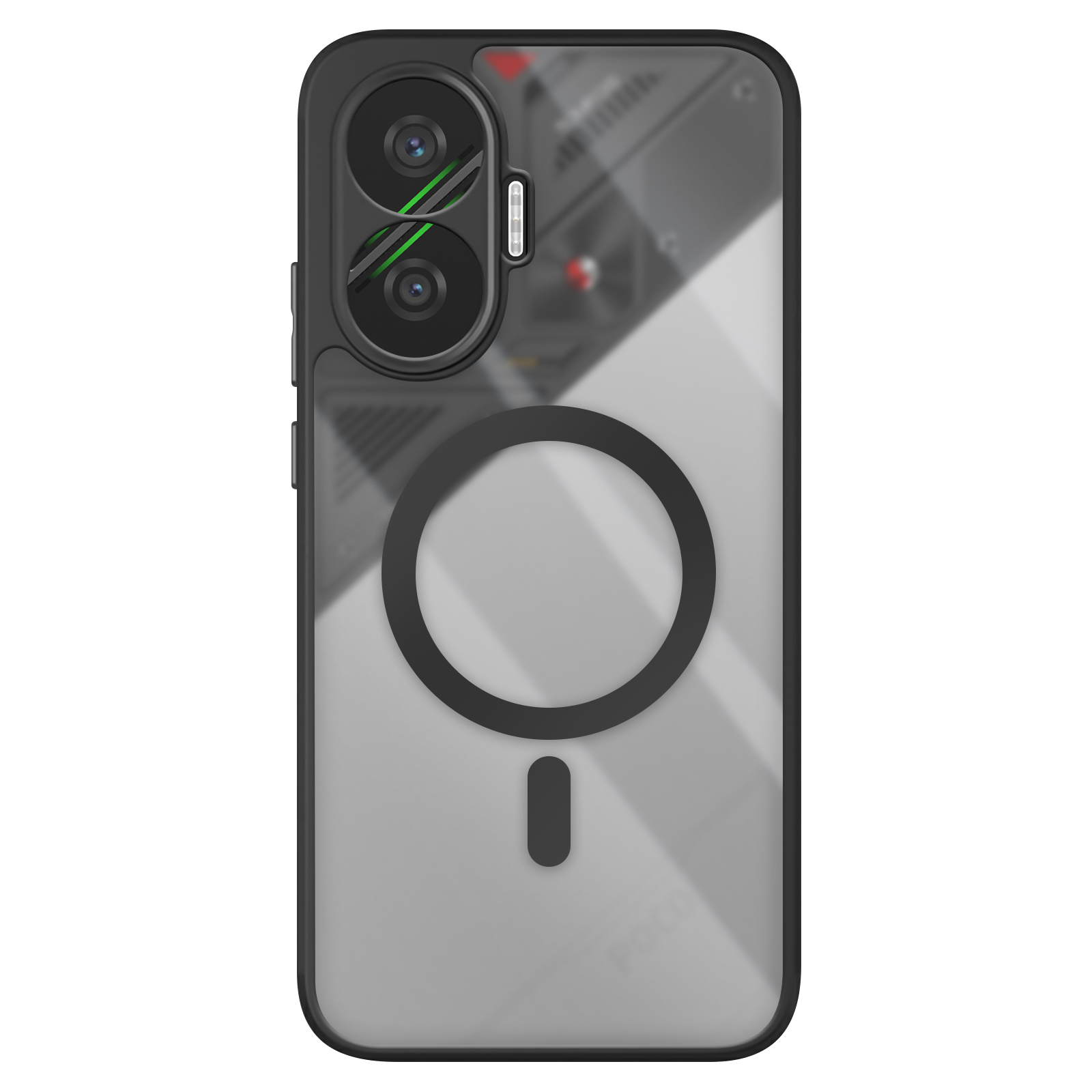 Custodia trasparente per telefono con bordi neri e anello magnetico circolare. Protegge la fotocamera.